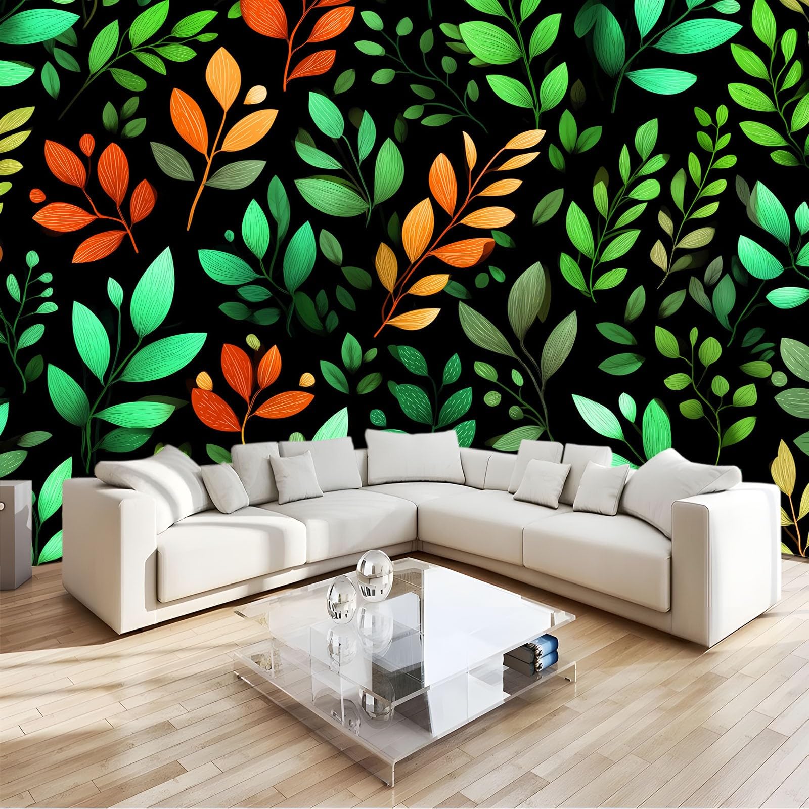 Générique Panoramiczna ręcznie malowana tapeta tropikalna 3D rośliny liście 400 x 280 cm, włóknina XXL nowoczesna dekoracja ścienna salon sypialnia biuro pokój dziecięcy, czarna