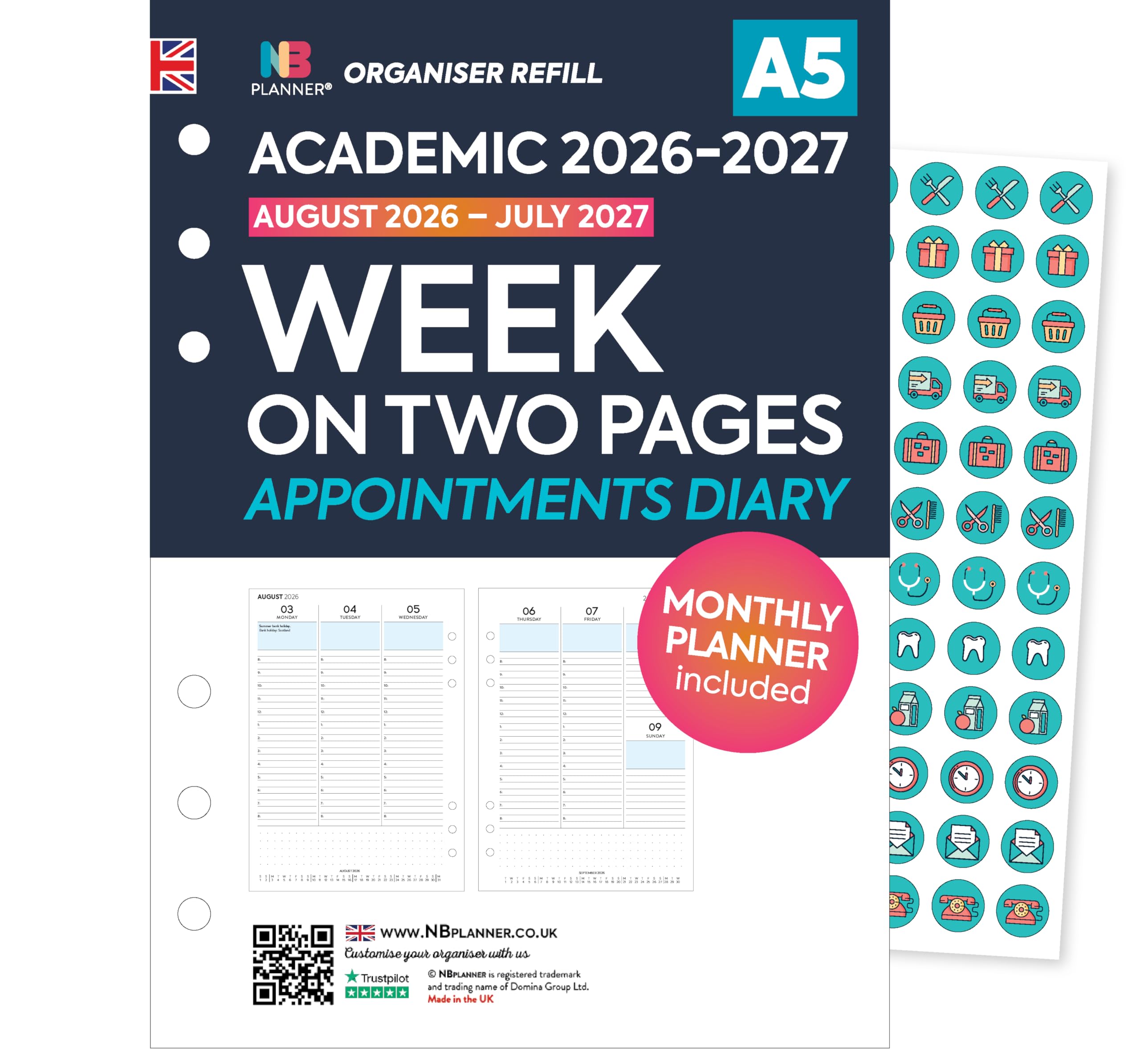 Academic 2026-2027 A5 size Week on two pages appointments diary refill insert | August 2026 – July 2027 | Monthly/Weekly | Compatible with Filofax A5 organisers | 148 x 210mm