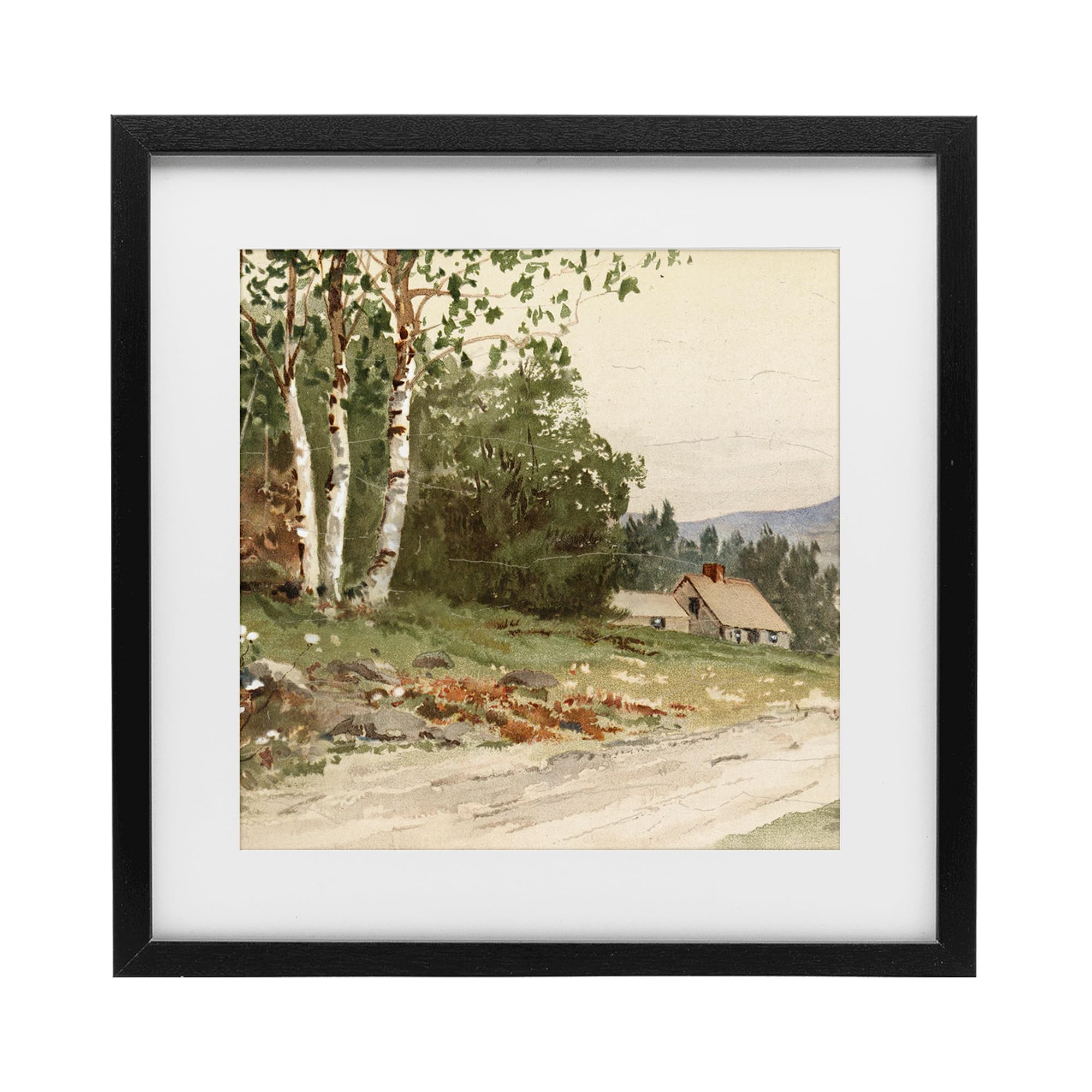 Stupell Industries Midnight Black (Textured) Farm House Dirt Road Landscape, 16 X 16 Inch Framed Print Under Glass