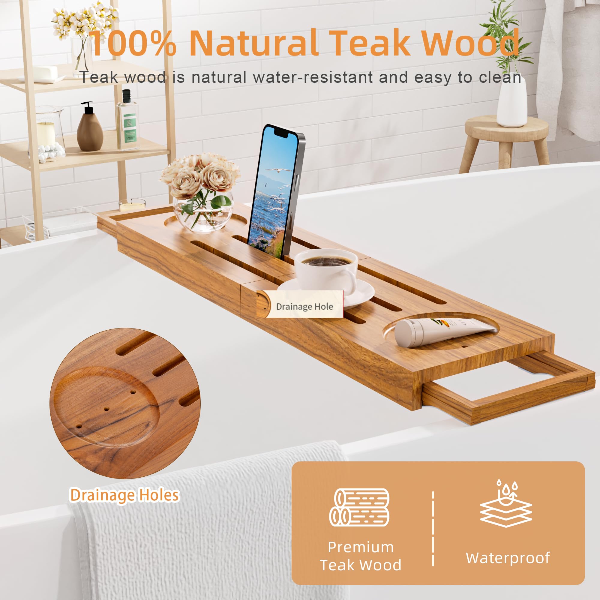 Foldable Teak Bathtub Tray With Expandable Handles Luxury Small