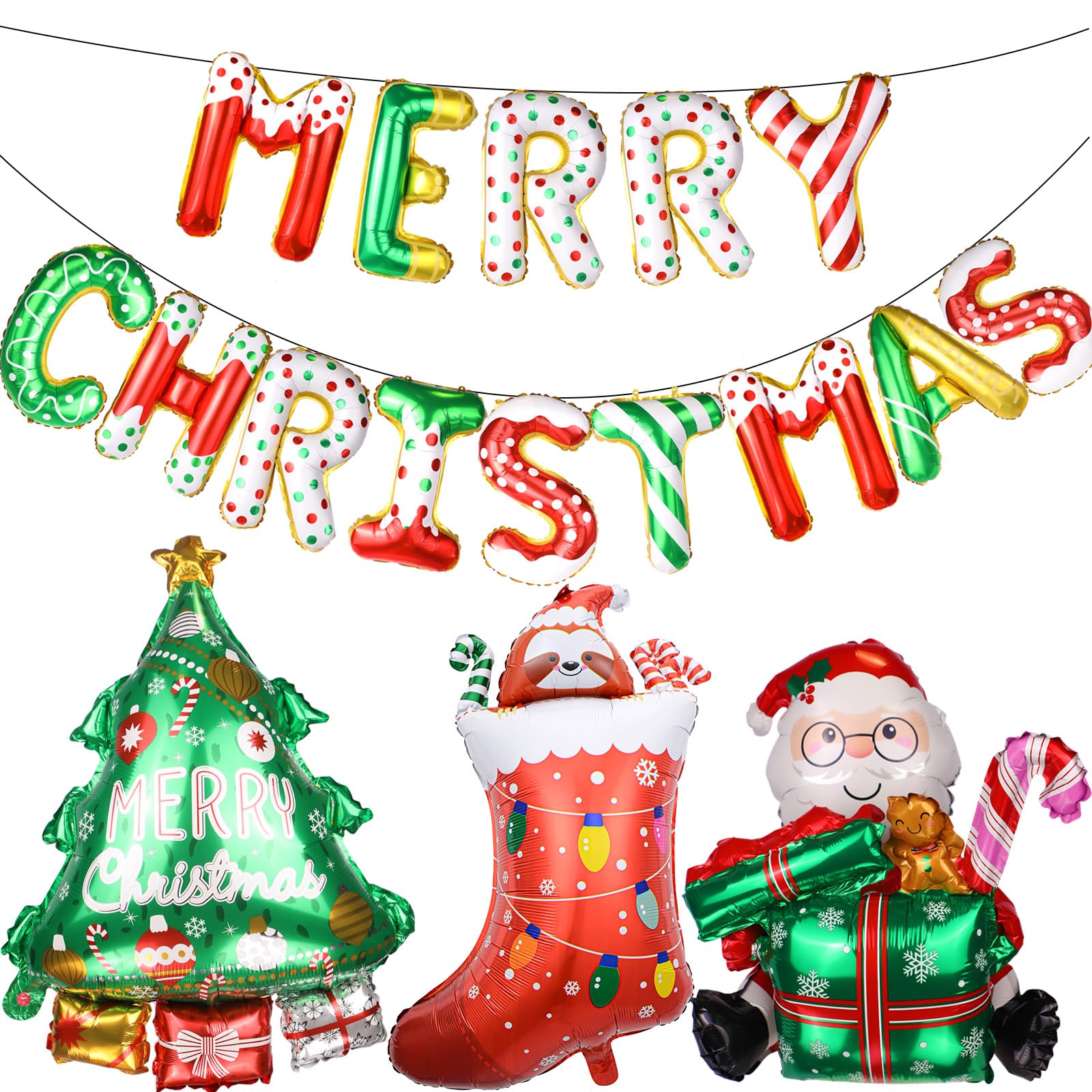 Frohe Weihnachten Luftballons Banner Kit – 14 Buchstaben Weihnachtsmann-Baumstrumpf Folienballons für Xmas Party Dekor, kein Helium erforderlich, Innen- und Außendekorationen