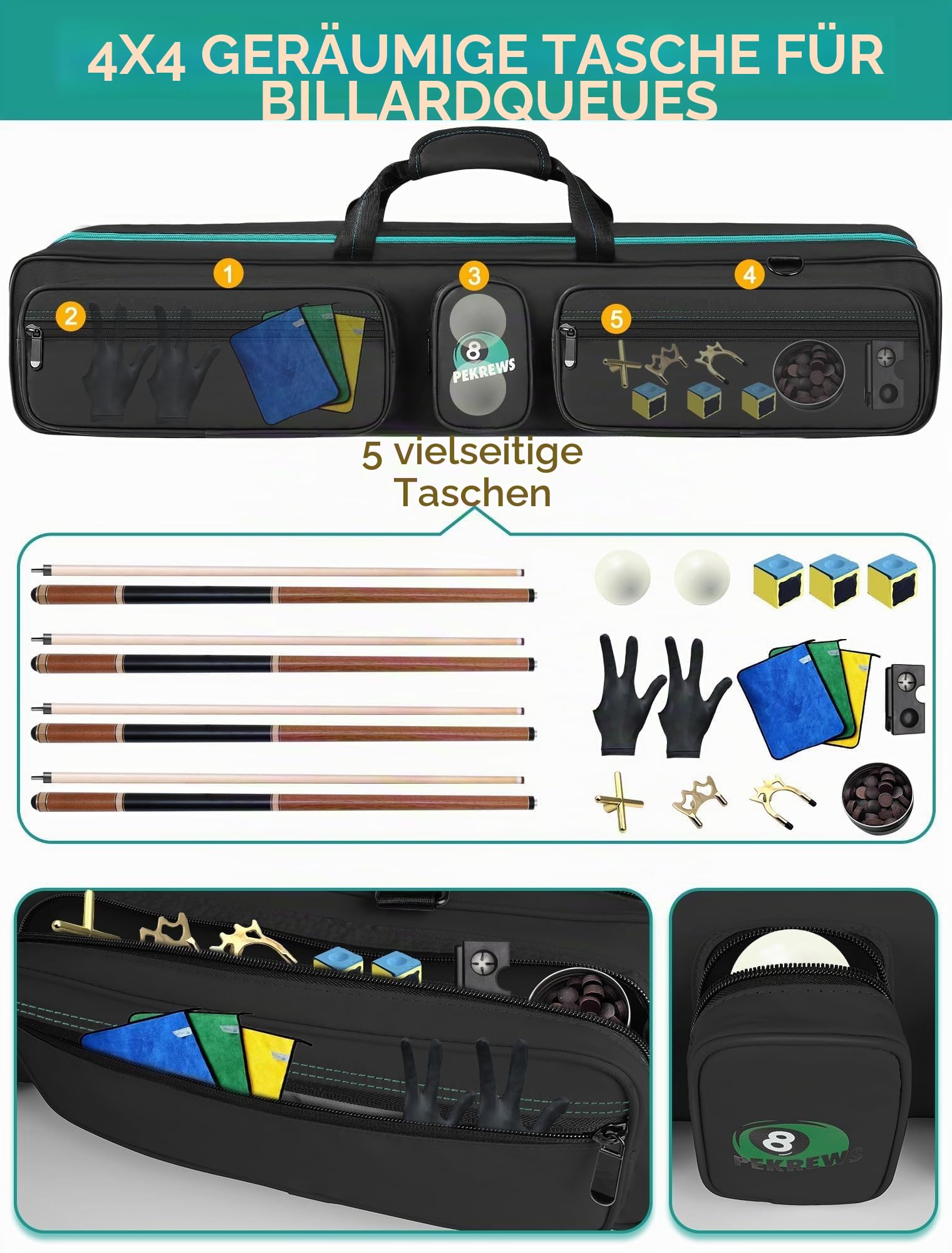 PEKREWS Pool Cue Case, Pool Stick Case 4x5 with Multiple Pockets Holds 4 Butts 5 Shafts, Soft Padded Sturdy Pool Cue Bag, Billiard Cue Backpack with Adjustable Shoulder Straps for Men and Women