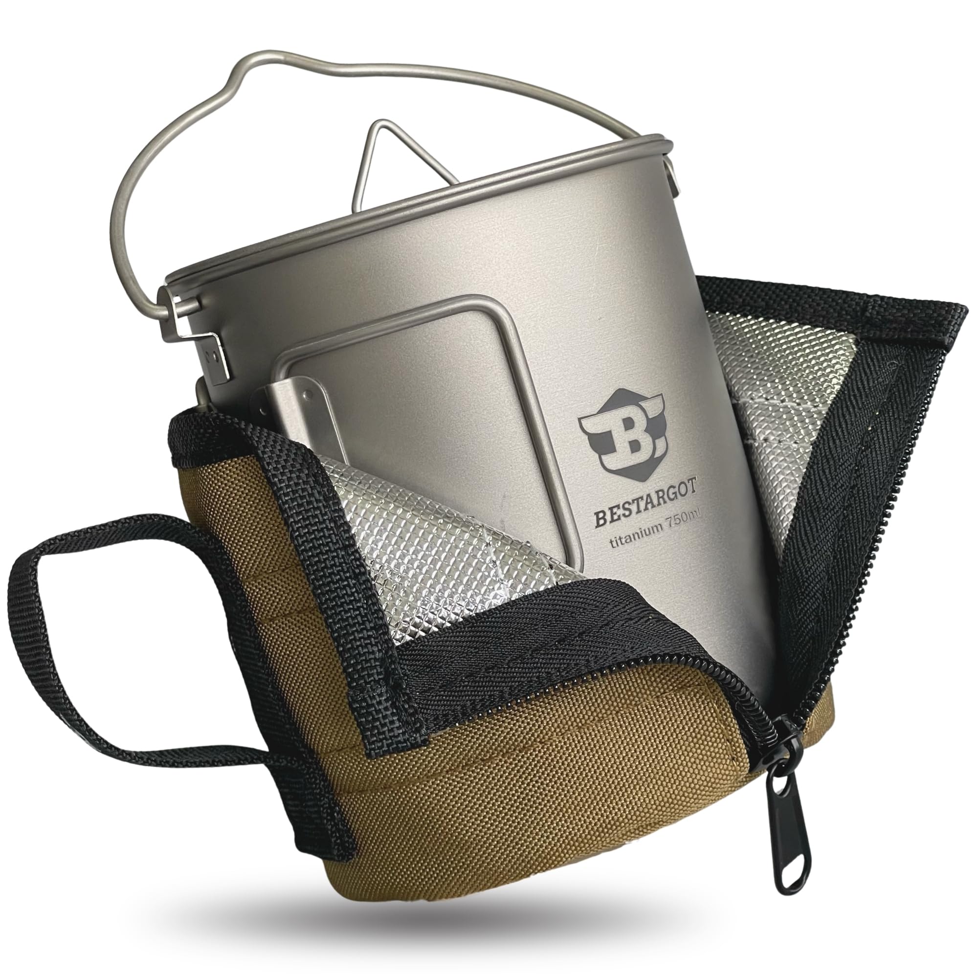 Bestargot 750ml Titan Becher & Tasse, Ultraleichtes Camping Topf Geschirr Set, Faltbarer Outdoor-Topf mit Isolierbeutel für Trekking, Wandern, Solo-Camping & Bushcraft