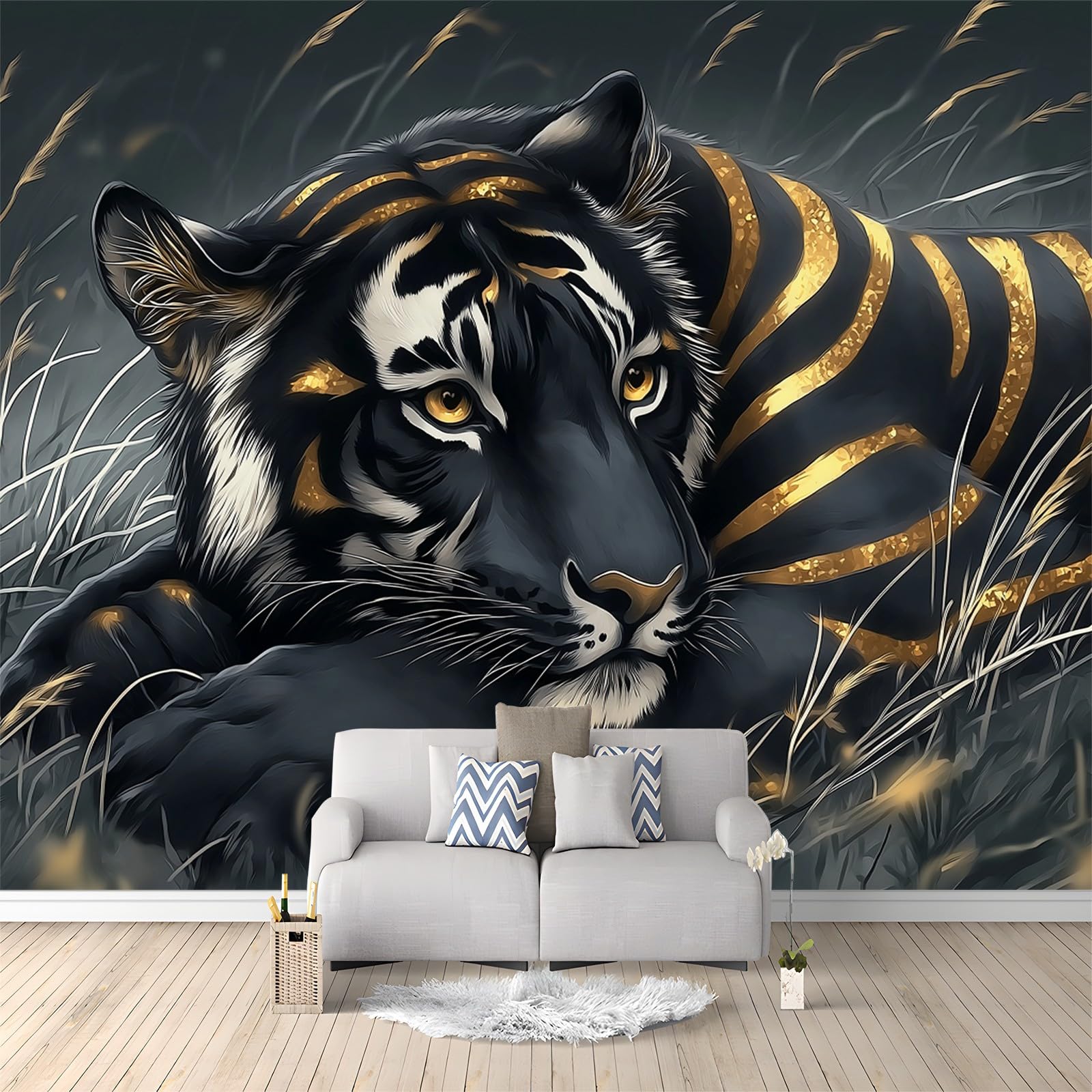Tapeta fantazyjne zwierzę czarny tygrys złote paski 300 x 210 cm zdjęcie plakat mural tapeta, zrób to sam sztuka ścienna mural tapety, do salonu sypialni przedszkola tło telewizora wystrój domu
