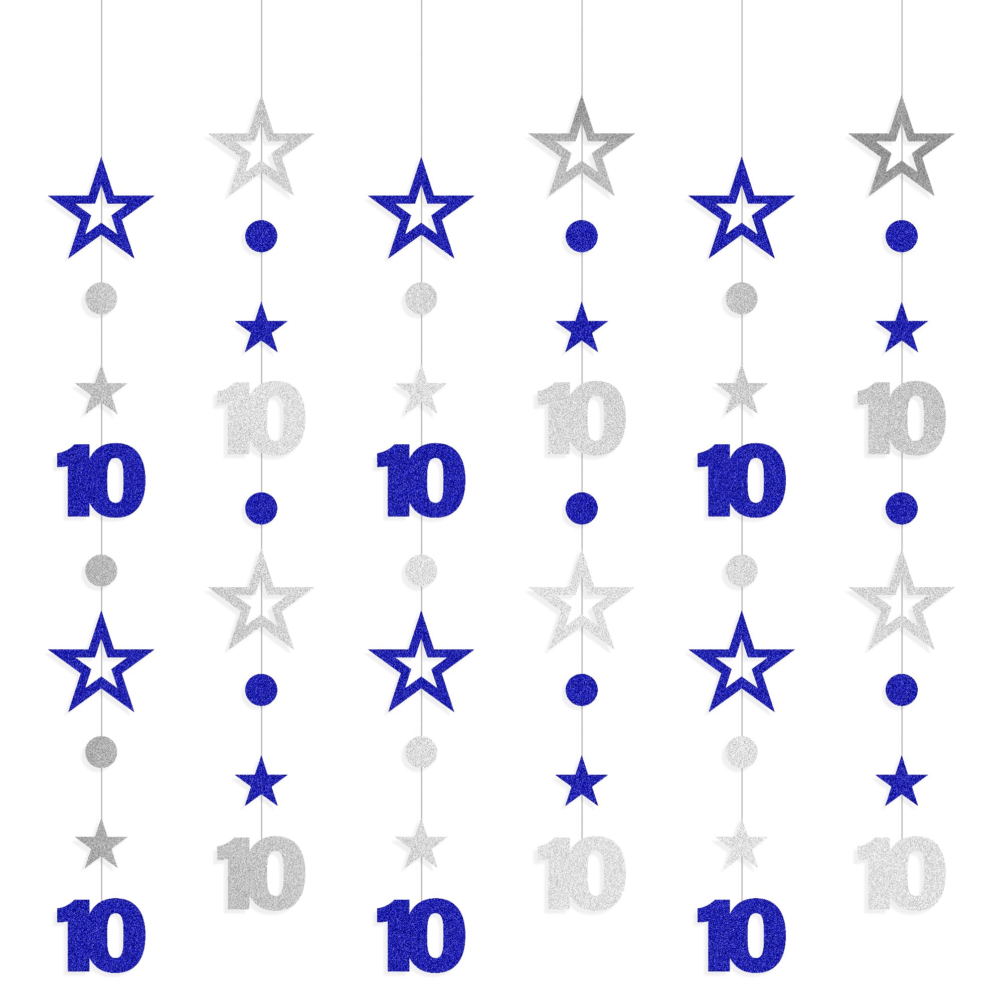 10th Birthday Decorations Garland Boys - 6 Pcs Blue Silver Glitter Garland Pre Assembled Number 10 Star Dot Streamer Banner Party Set for Boy 10 Year Old Birthday Background Supplies