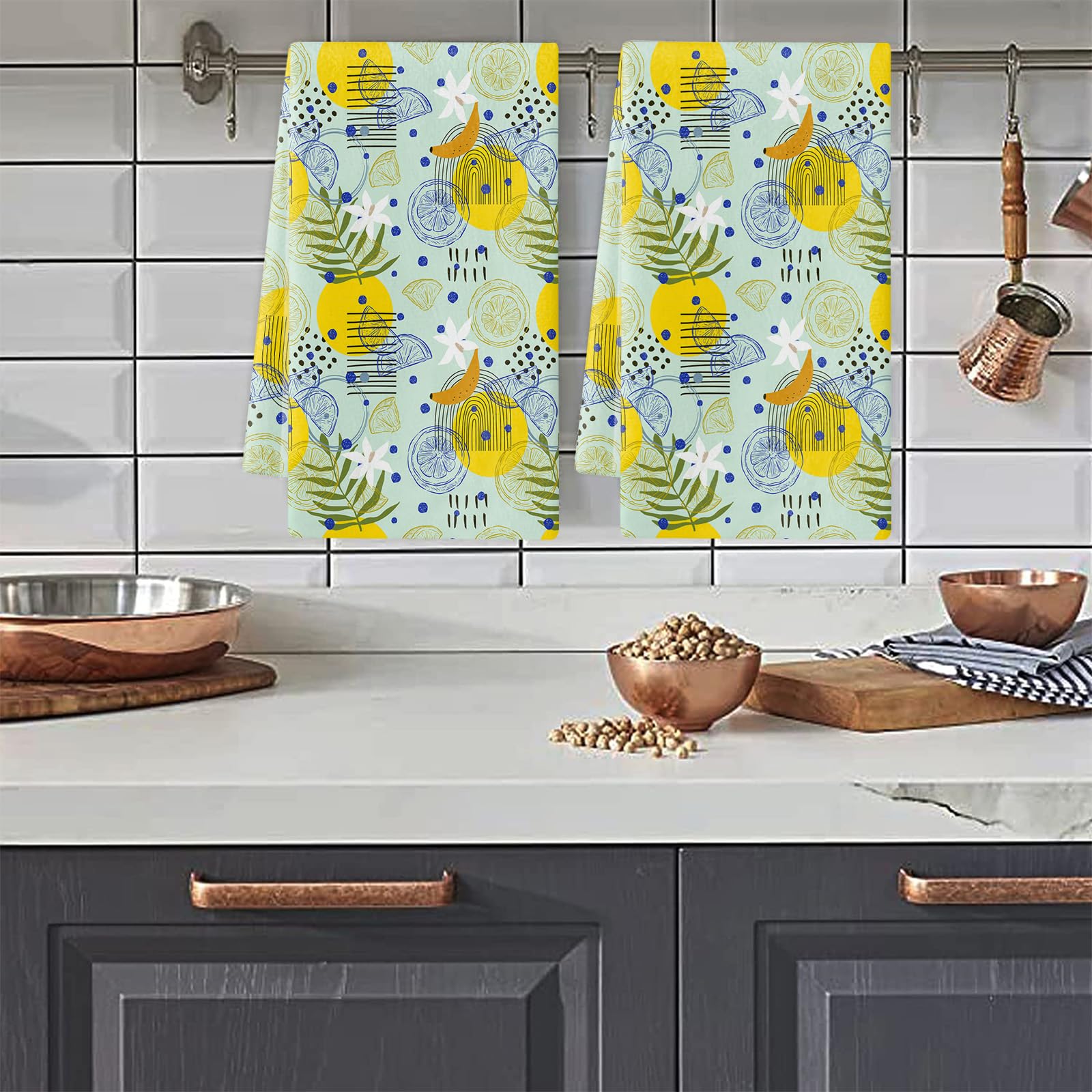 Trapos Cocina Limón Verde De Hoja Paños de Cocina Microfibra Paños Cocina Suaves Lavable Toallas Reutilizables Absorbentes Baño Pañuelo de Mano Trapos de Cocina 2 Piezas (44x74 cm)