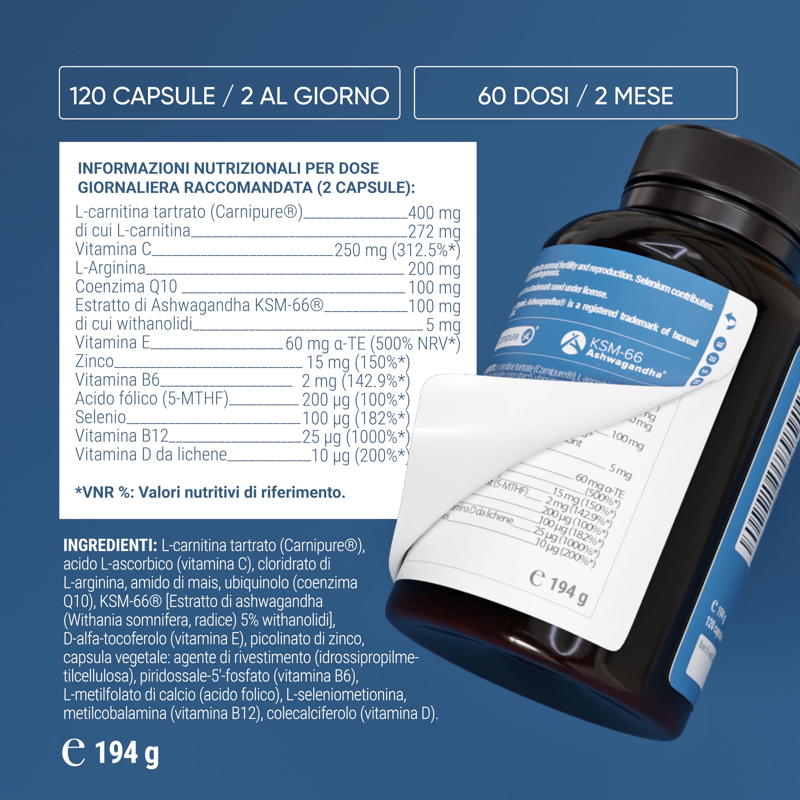 Nullure Integratore Fertilità Uomo | L-Carnitina + CoQ10 + Arginina + Zinco | Numero e motilità degli spermatozoi | Testato da terzi | Vegano e Senza Additivi | 120 caps (2 mese)