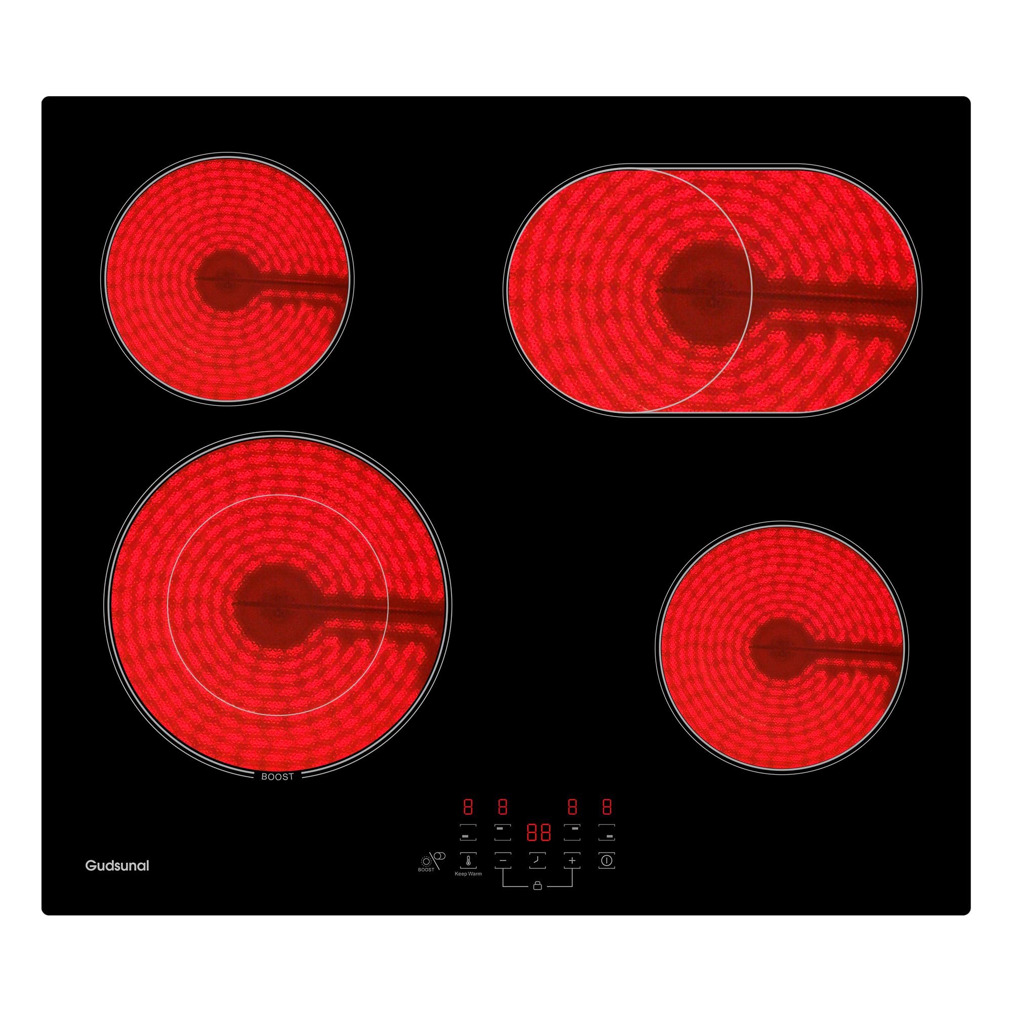 Gudsunal Kochfeld, Glaskeramikkochfeld 60 cm mit 4 Platten, 6,6 kW, Bräterzone, Dualkochzone, 9 Heizstufen, Timer, Automatische Abschaltung, Kindersicherung, Herdplatte 4 Kochfelder, Mattschwarz