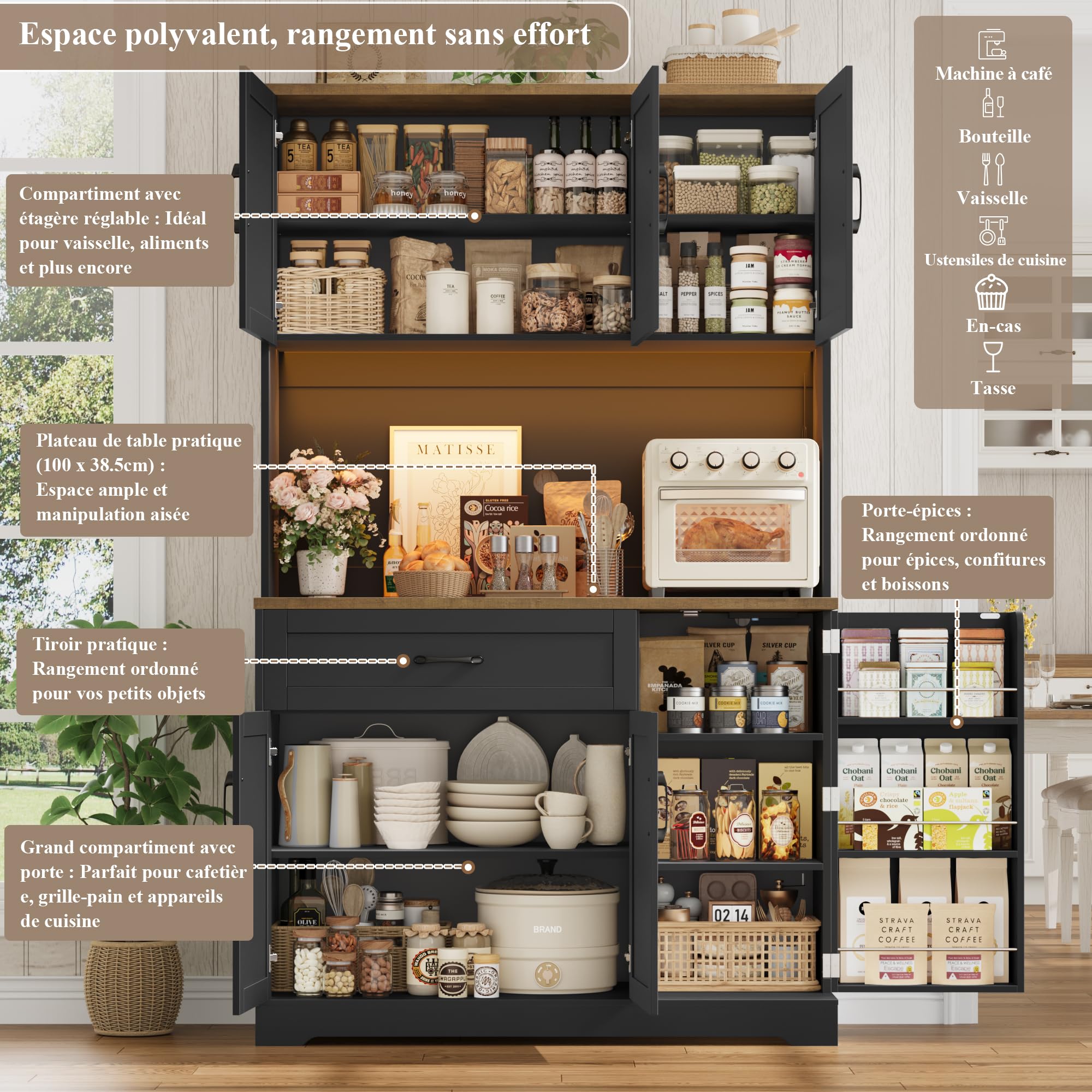 FirFurd Buffet 180cm Meuble Cuisine Rangement avec LED/Multiprises Noir | 180.5x100x38.6cm, Vaisselier meuble de cuisine avec étagère à épices et réglables, grand tiroir, Pour salle à manger, salon