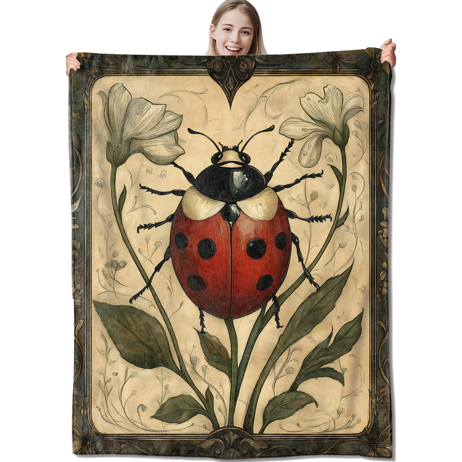 CUEBOS Vintage Ladybug Flannel Throw Blanket 50x60 Inch, Botanical Insect Illustration with Flower and Leaf Blankets Soft Cozy Fleece Throws for