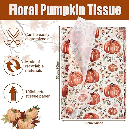 Miniatura 2 de 100 hojas de papel de seda de otoño de 20 x 14 pulgadas para bolsas de regalo, papel de envoltura de regalo con estampado floral de calabaza para el
