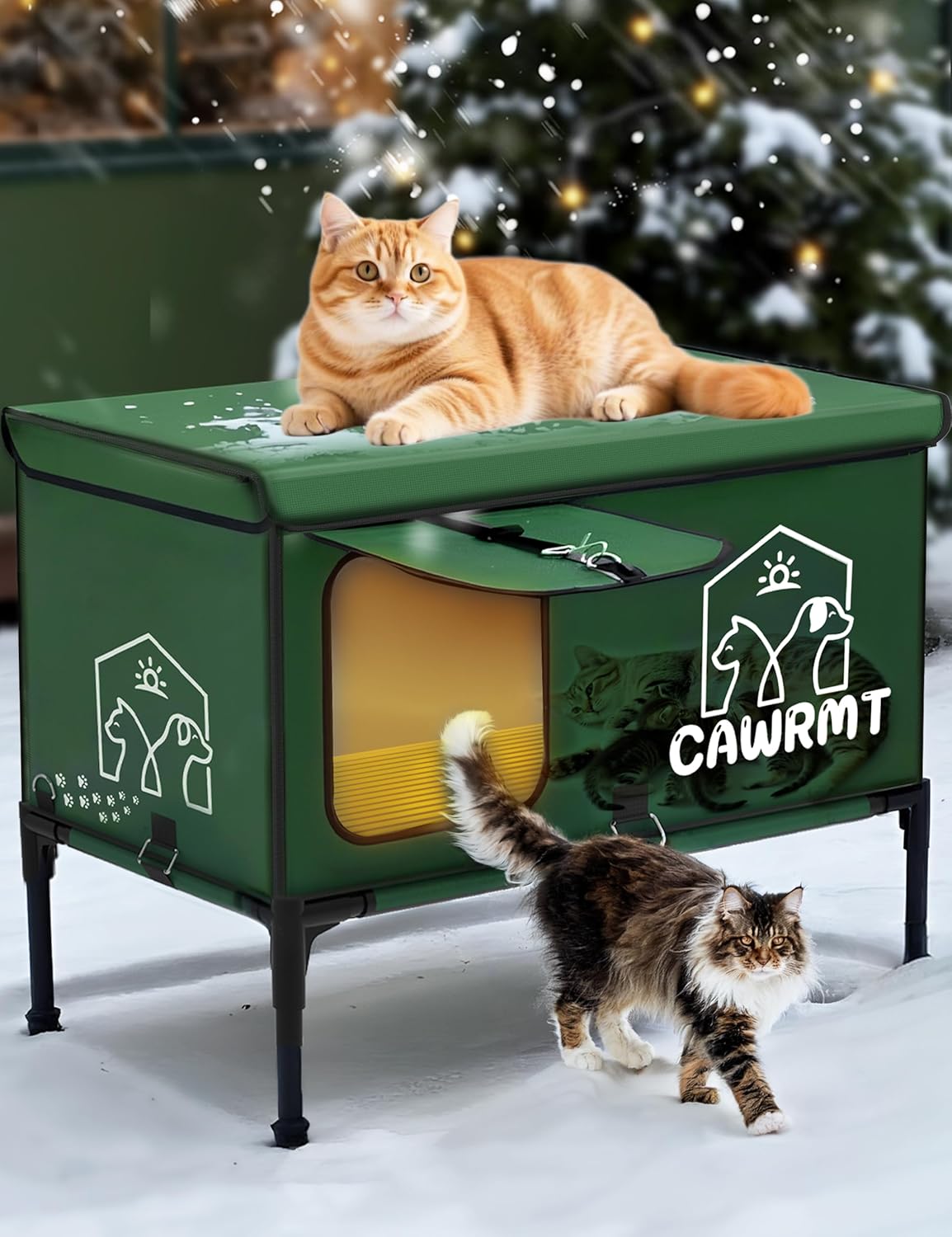 Outdoor Heated Cat House, Indestructible Detachable Feral Cats shelter with a Open Window for Outside, Cat House Weatherproof in Winter, Cat Shelter with Pet Heating Pad (Green, XL 27x18x20) Green XL-27x18x20