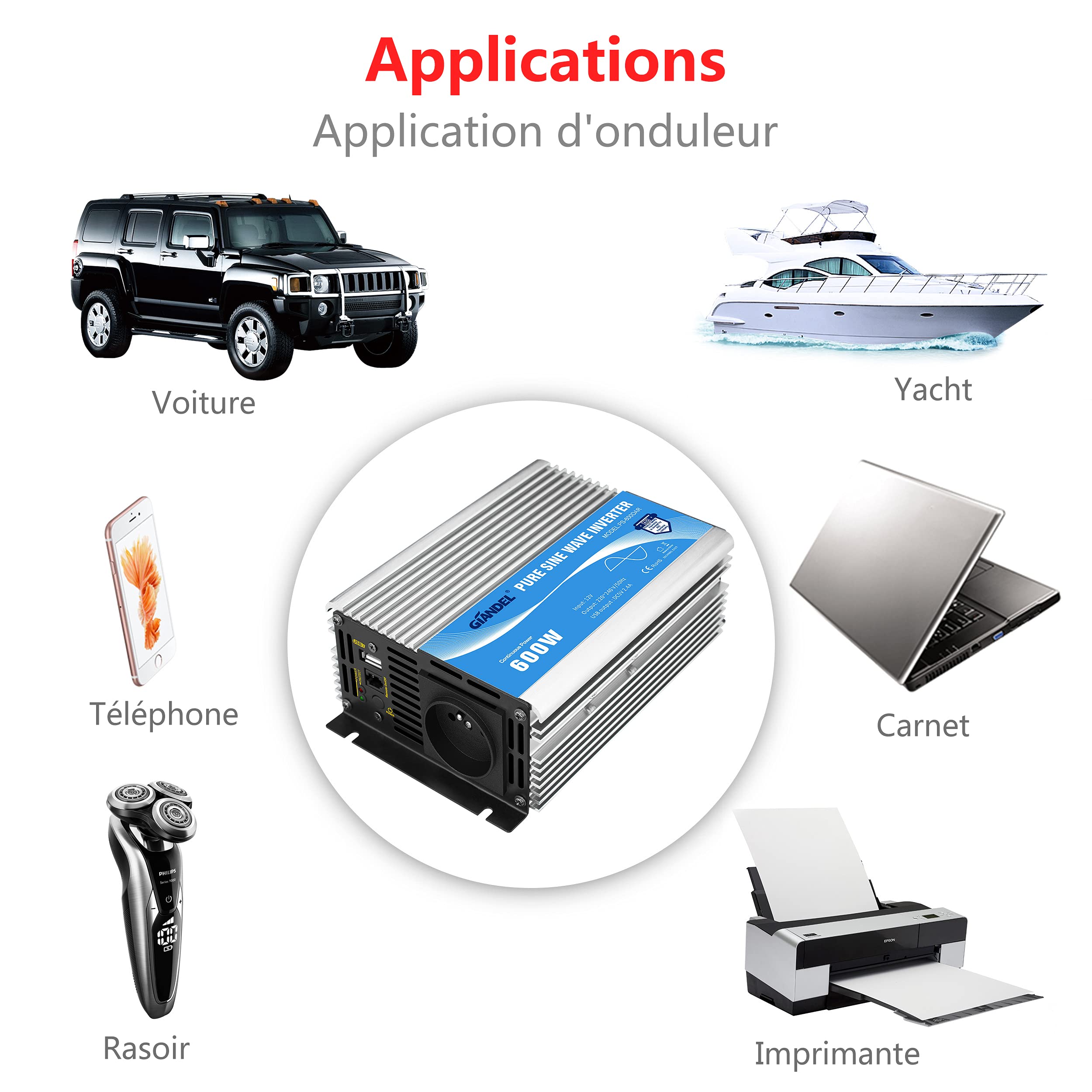 GIANDEL 600 W Convertitore puro sinusale DC 12 V a AC 220 V 230 V inverter trasformatore con telecomando e porta USB per computer portatile, fotocamera, smartphone