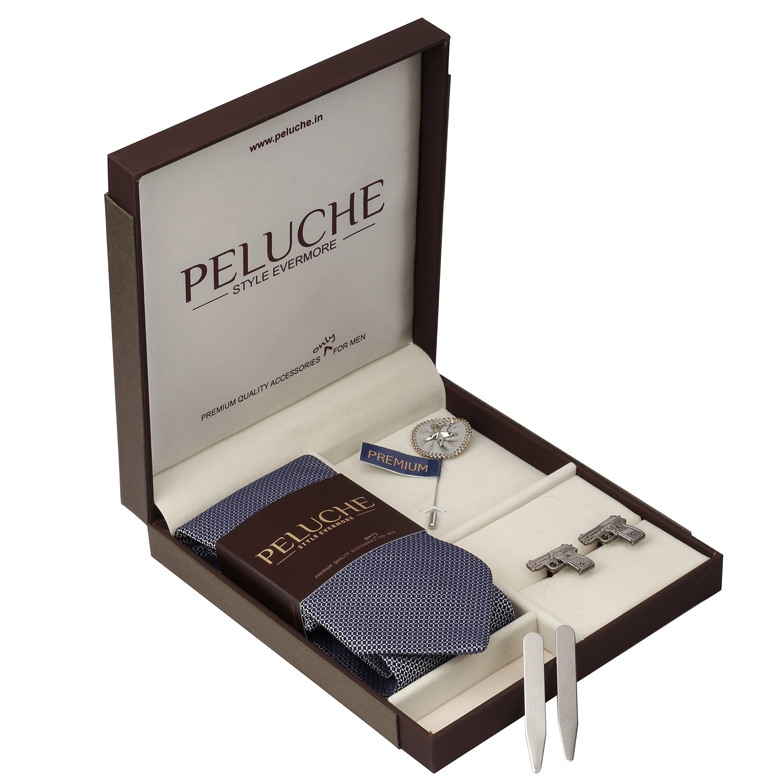 PELUCHEShining Gun Gift Box Includes 1 Neck Tie, 1 Brooch, 1 Pair of Cufflinks & 1 Pair of Collar Stays for Men
