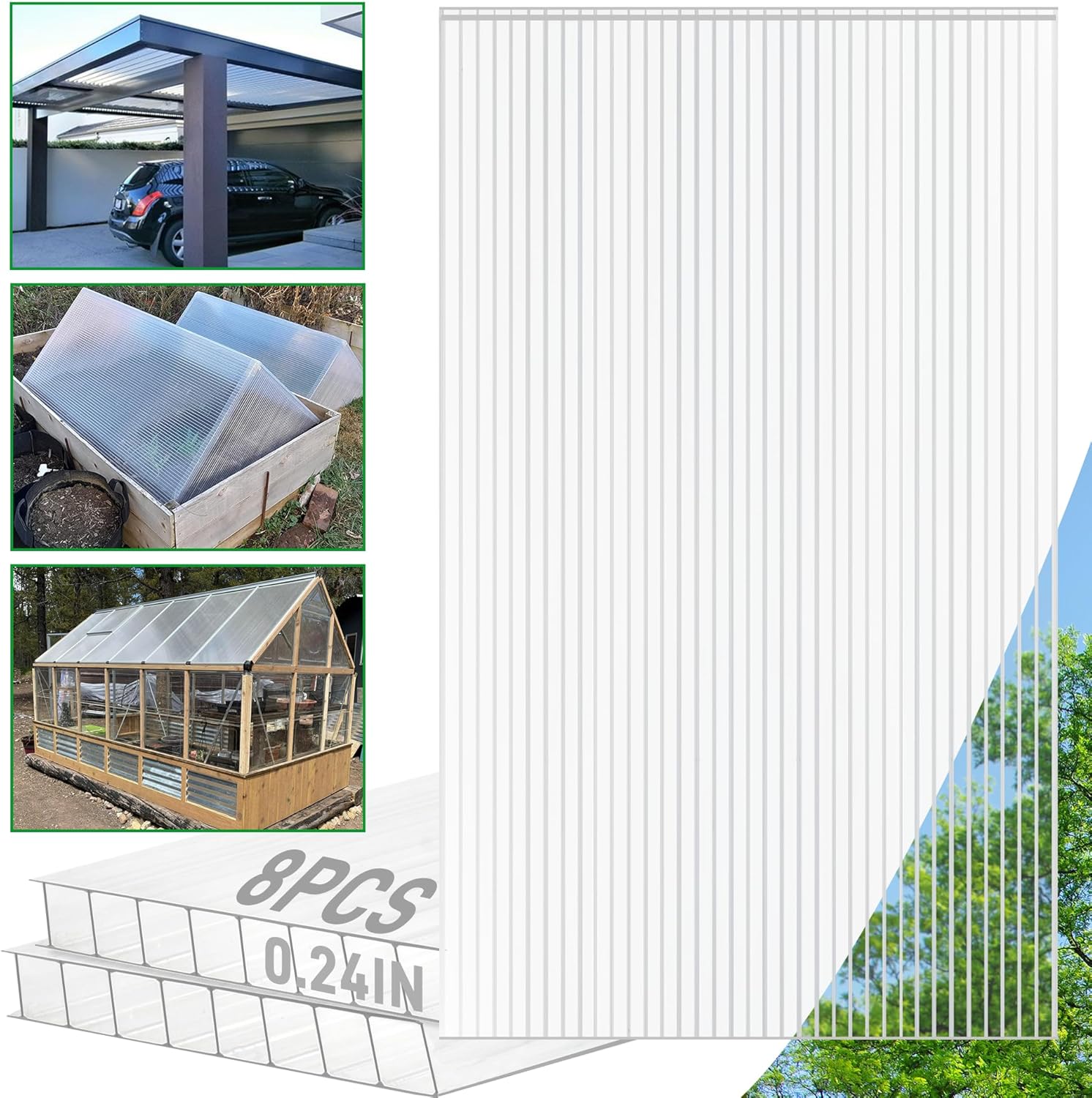 8 Pack Polycarbonate Greenhouse Panels, 8' x 4' x 0.24'' Twin-Wall Polycarbonate Sheets, All Weather Clear Roof Panels Greenhouse Replacement Panels 8' x 4' x 0.24" 8Pack