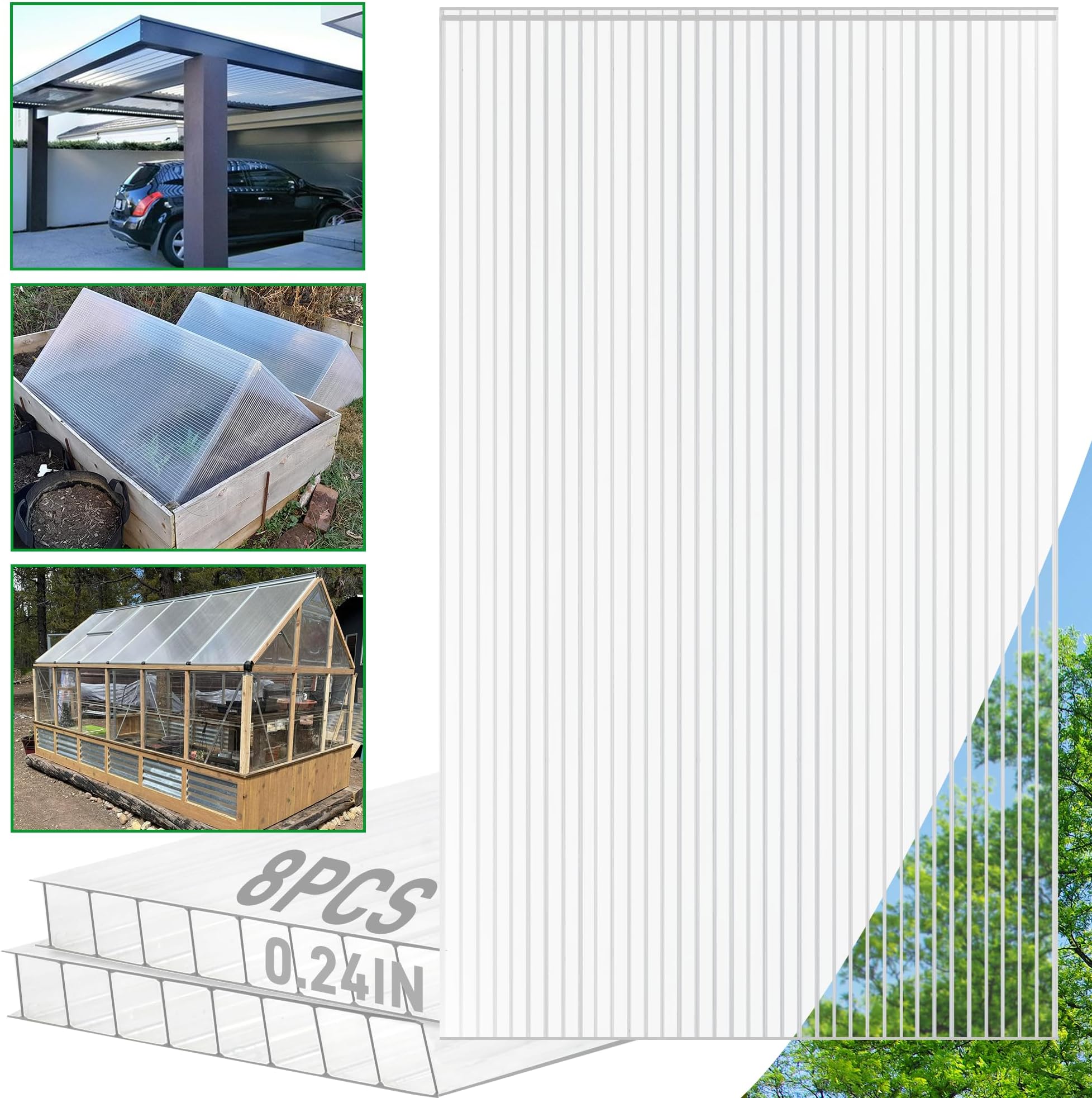 Sinimaka 8 Pack Polycarbonate Greenhouse Panels, 8' x 4' x 0.24'' Twin-Wall Polycarbonate Sheets, All Weather Clear Roof Panels Greenhouse Replacement Panels
