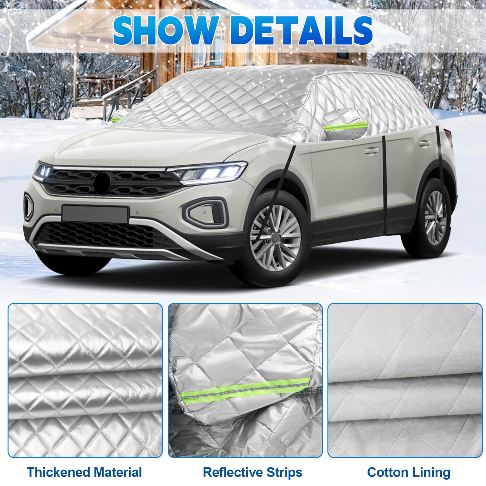 Hagelsichere Autoabdeckung Winter Passend für VW T-ROC 2017-2025, Auto Halbgarage Abdeckplane Wasserdicht, Verdickte Autoabdeckung mit Reflektorstreifen