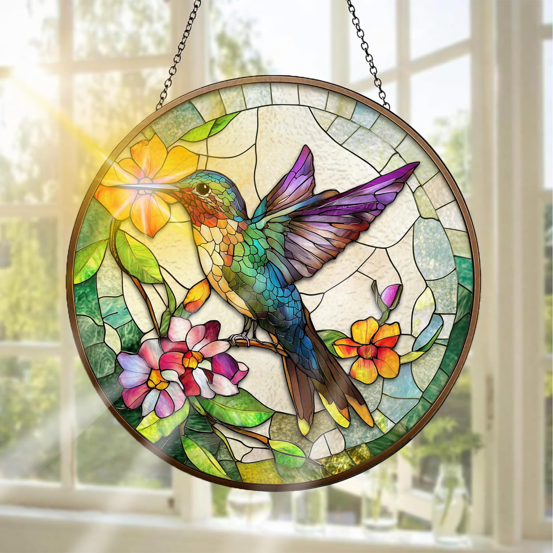 Pavemlo Hummingbird Suncatcher Indoor Stained Glass Window Hanging - Outdoor Window Hanging Decoration - Sun Catcher Home Decor Mother's Day Birthday Gifts for Women, Men Mom 20x20 cm