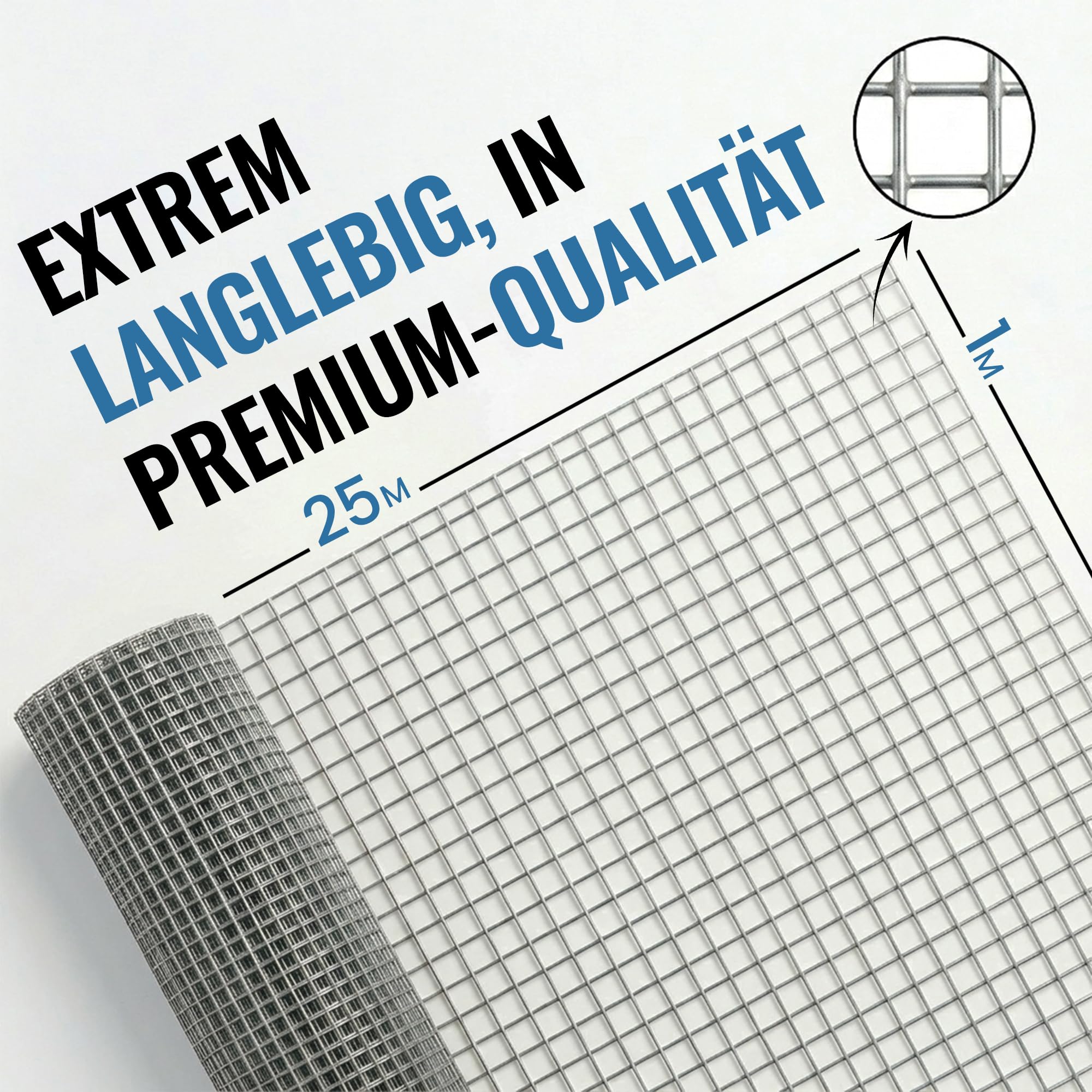 Drahtgitter 1m x 25m (Maschenweite 50 x 50 mm) – Verzinktes Drahtgitter – Rostbeständiger, robuster Maschendrahtzaun für Gartenschutz, Gehegebau, Hühner & Kleintiere