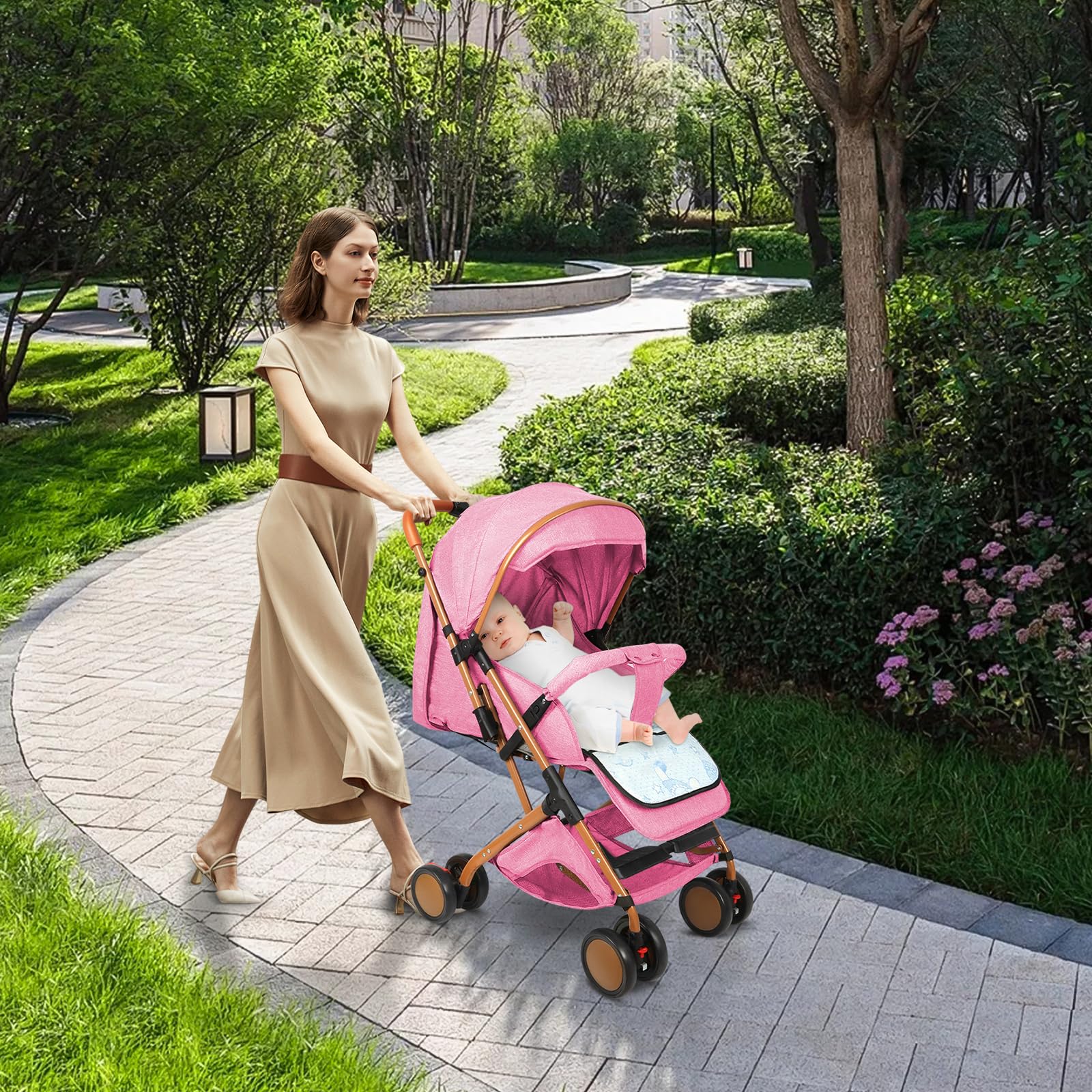 Passeggino Canne leggero e compatto, regolazione dello schienale fino alla posizione sdraiata, 45x71x98 cm, seduto/sdraio/spingere/tirare, zanzariera in cotone rosa