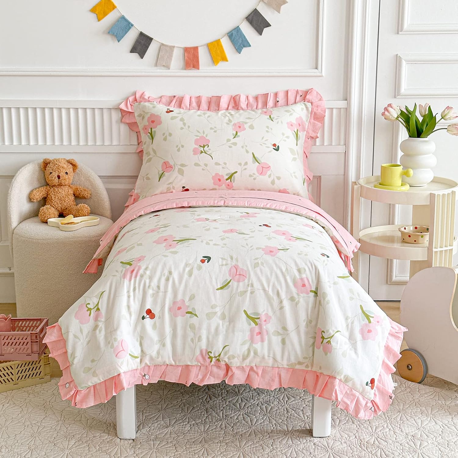 Cotton Toddler Bedding Set with Ruffle Fringe, 4 pc Floral