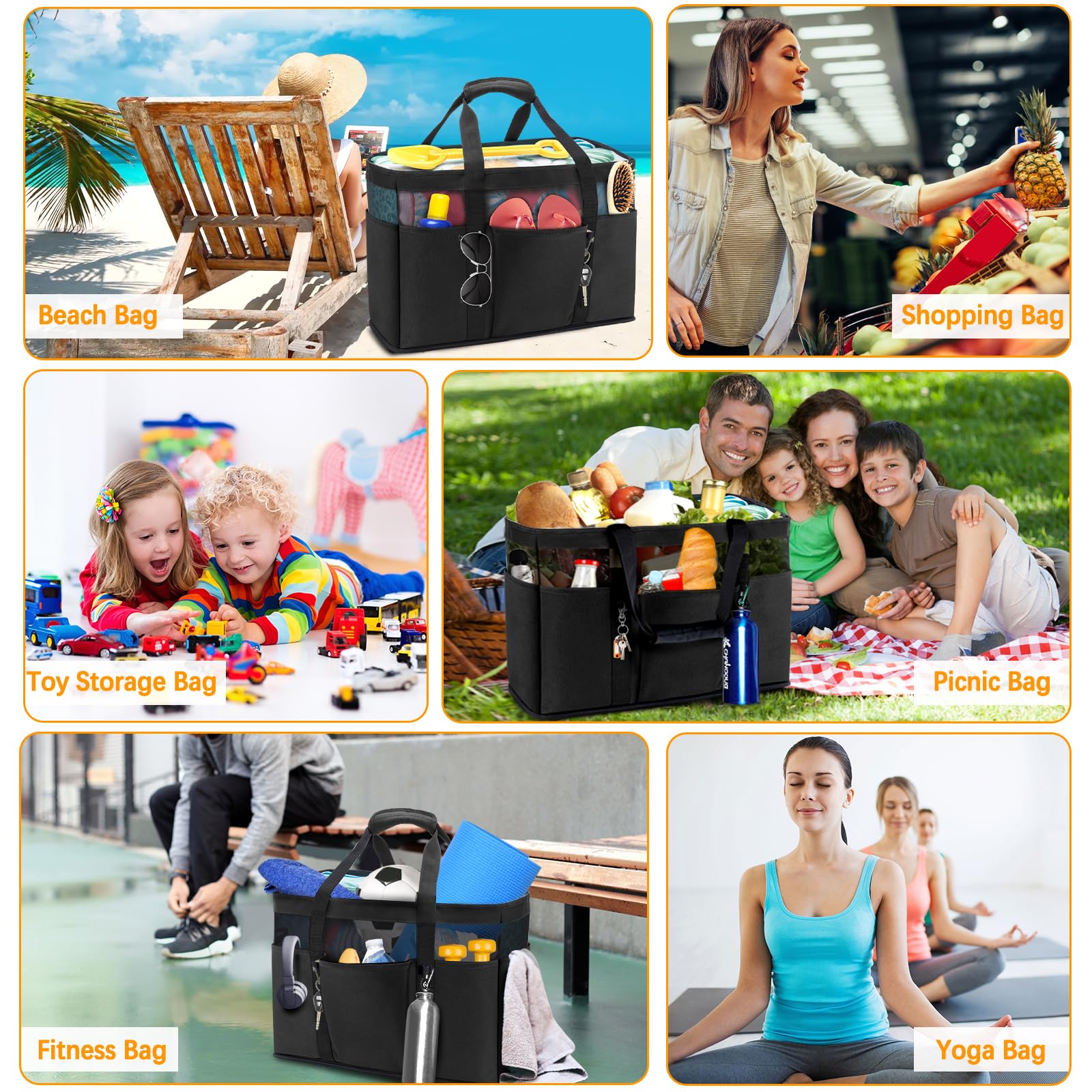 Grande Sac de Plage XXL Famille 45L Pliable 50x35x20cm Multi-Poche Nylon avec Fermeture Éclair et Poche Intérieure - Rangement pour Jouets, Courses, Voyage Weekend (Noir)