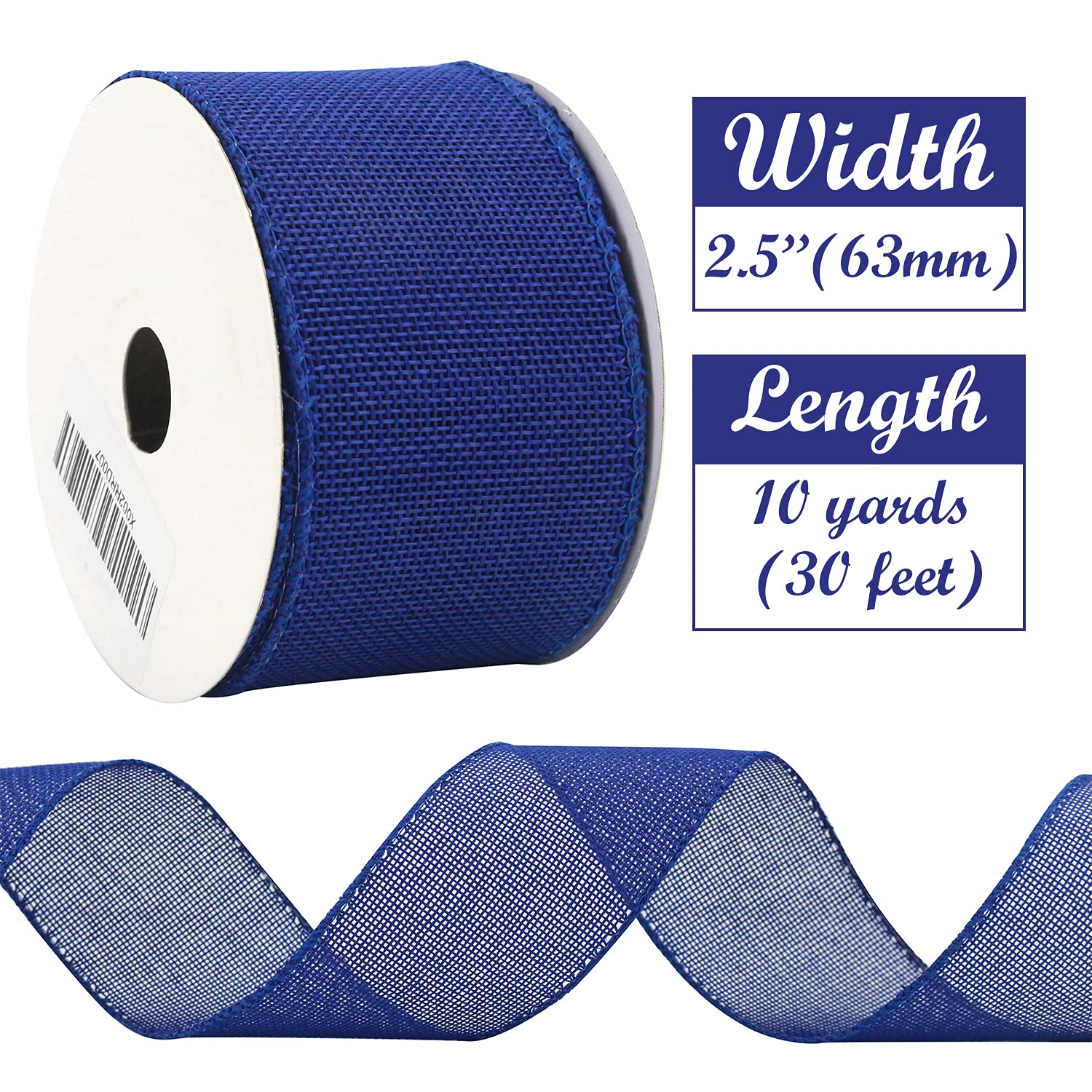 HUIHUANG Royal Blue Ribbon Wired Solid Wire Edge Burlap Ribbon 2.5 inch Jute Ribbon for Wreaths, Big Bows, Crafts, Decorations, Garland, Swags -10 Yards (30 feet)