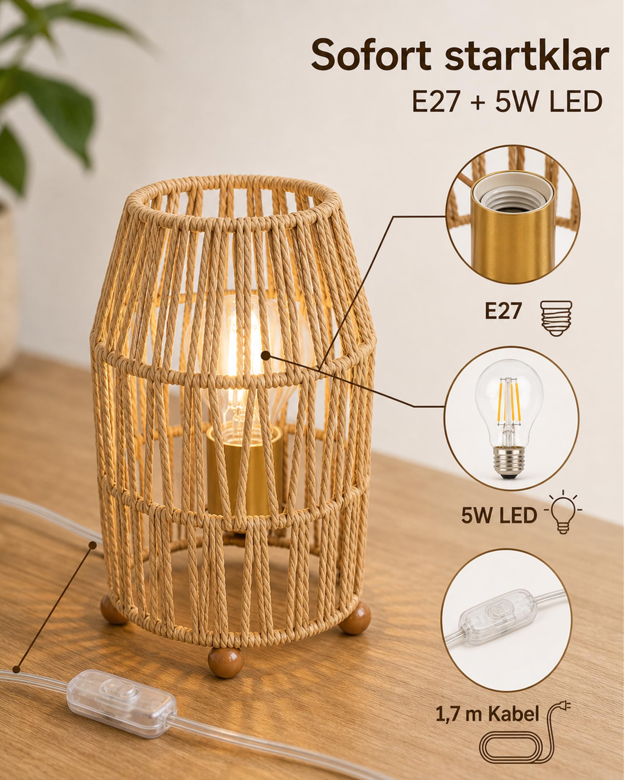 LANMOU Mała lampka nocna, zestaw 2 szt., plecionka papierowa, E27, vintage retro | 5 W LED, 3000 K ciepła biel, do sypialni i salonu