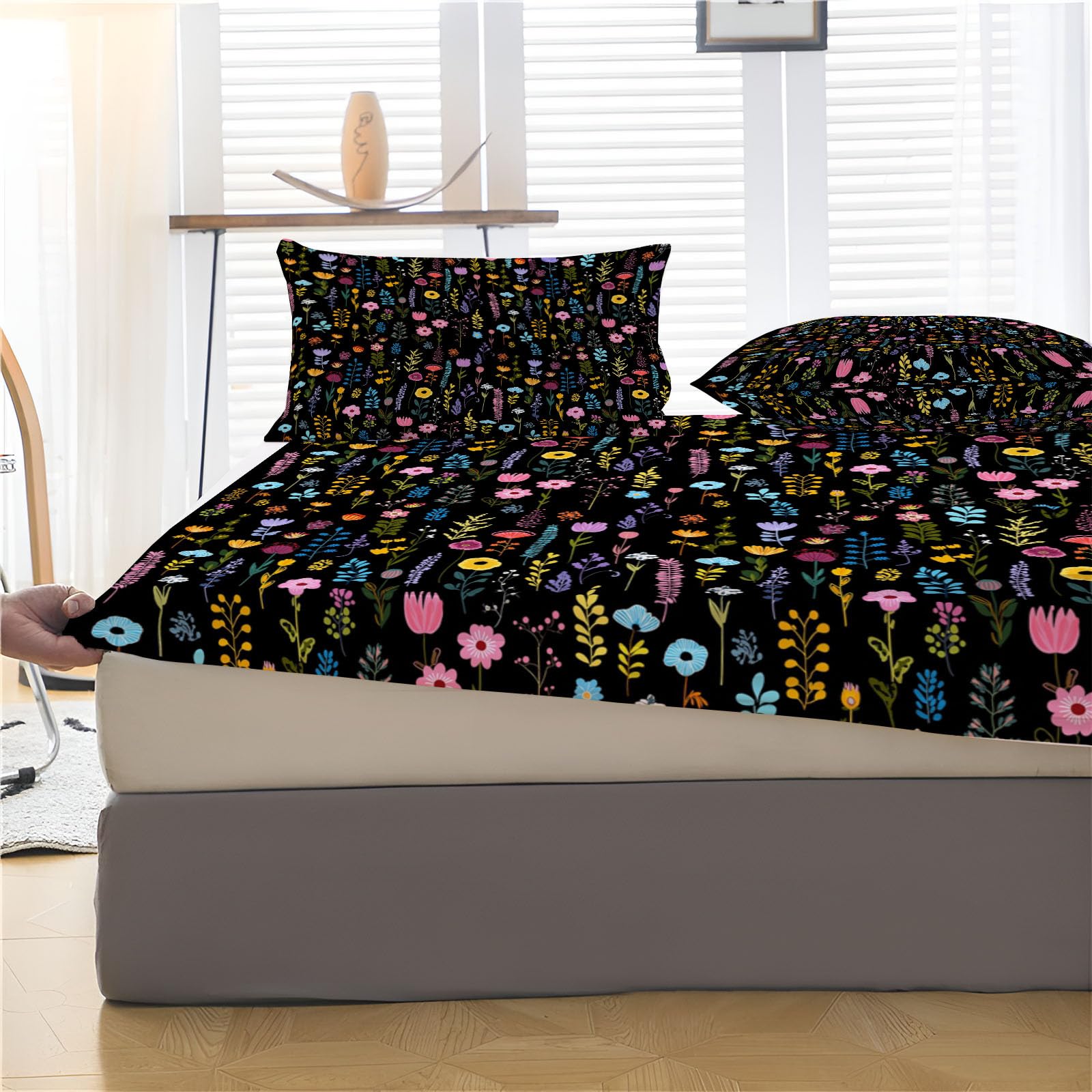 Sábanas 200X190/200Cm - Juego De Sábanas 3 Piezas Estampadas Dibujos Florales - Microfibra Suave Transpirable - Sábana Bajera Ajustable - Ropa De Cama Lindo Grafiti (Tinta Negra)