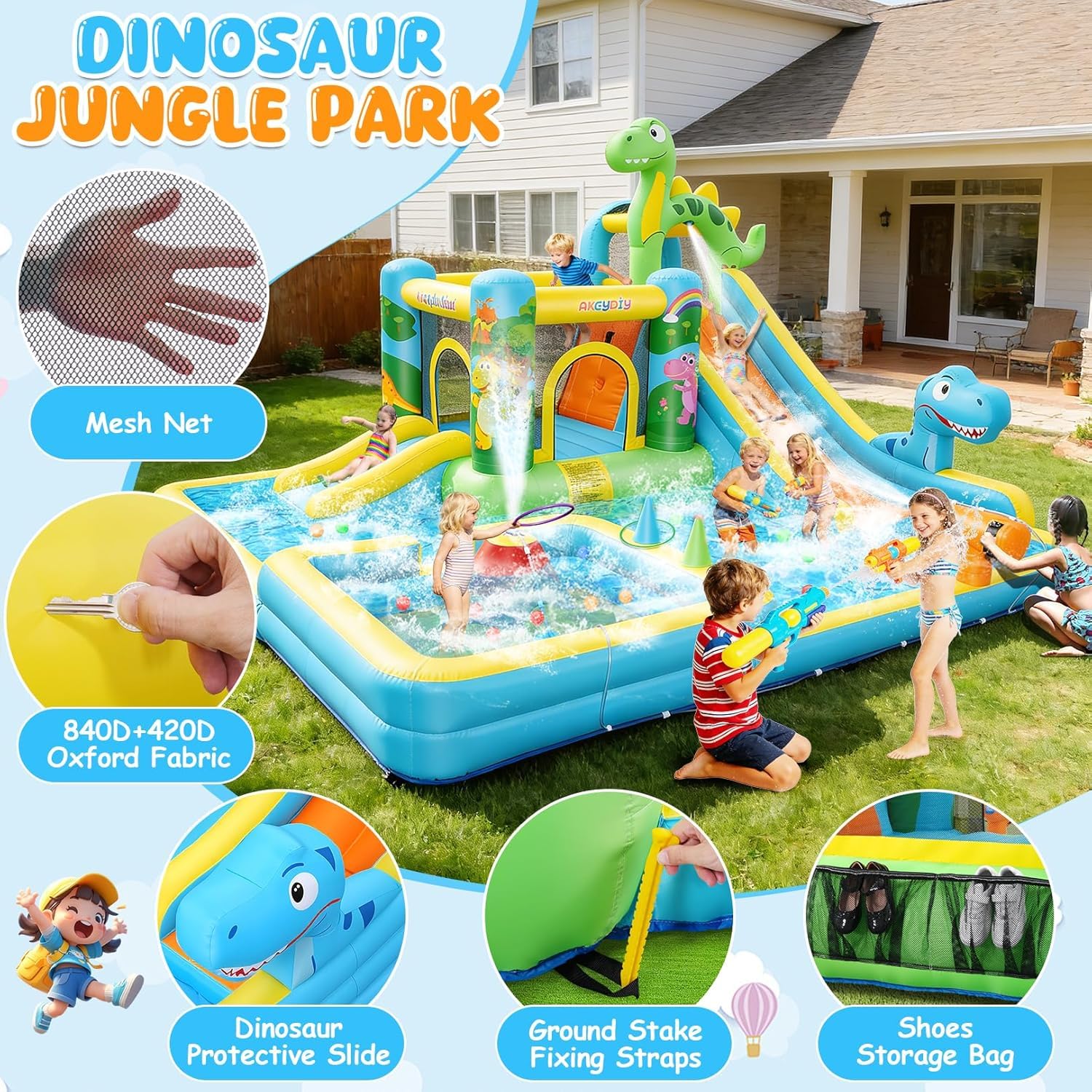 AKEYDIY Scivolo d'acqua gonfiabile, 13 in 1, parco acquatico con dinosauri per bambini dai 3 ai 12 anni, con due grandi piscine per bambini, scivolo lungo, gioco di lancio ad anelli, cannone ad acqua