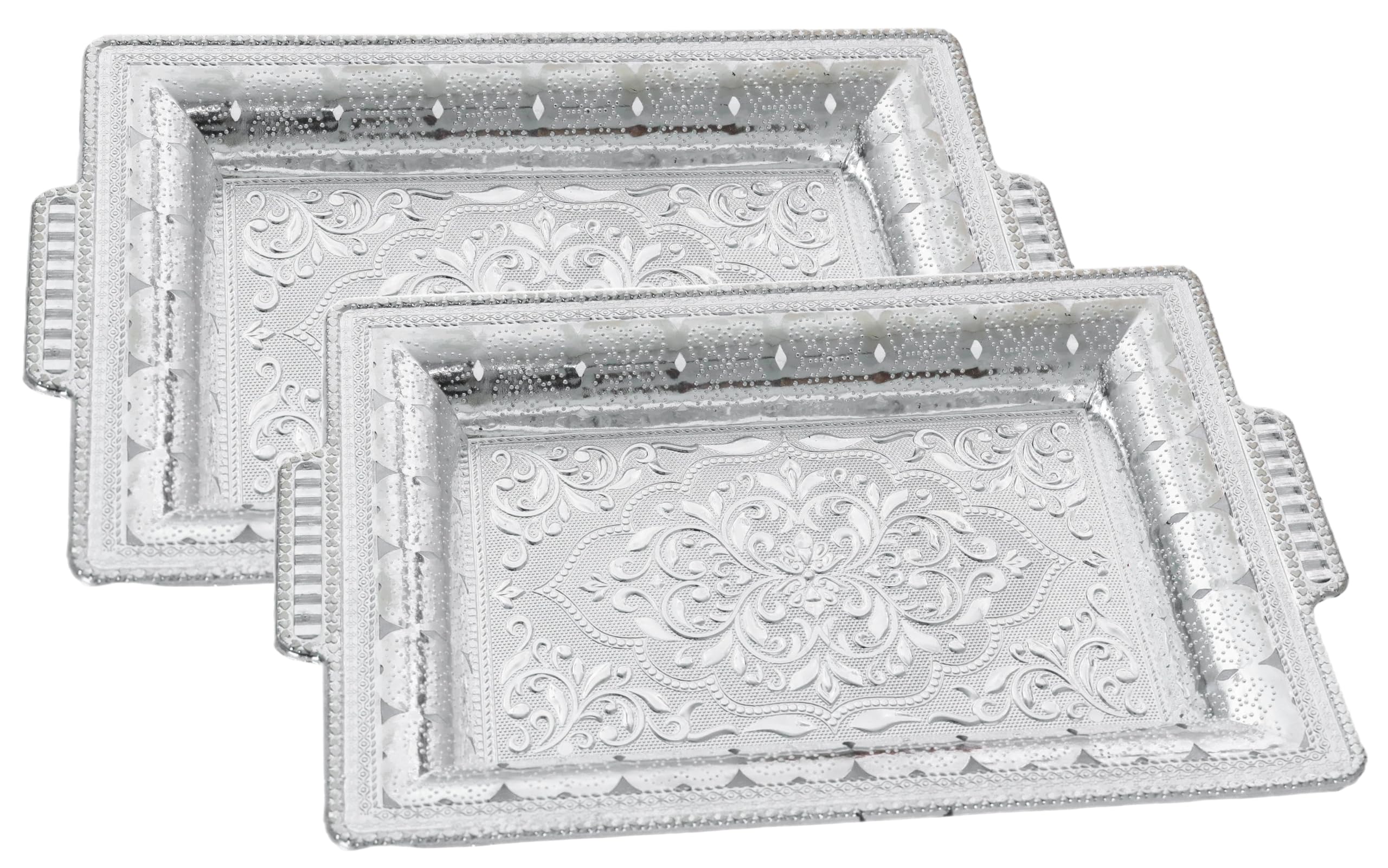 Madhuli Rectangle Serving Tray Multipurpose Traditional Design Silver Finish Decorative Designer Platters for Mukhwas Dry Fruit Gifting Tray for Marriage Anniversary Birthday Diwali (Pack of 2)