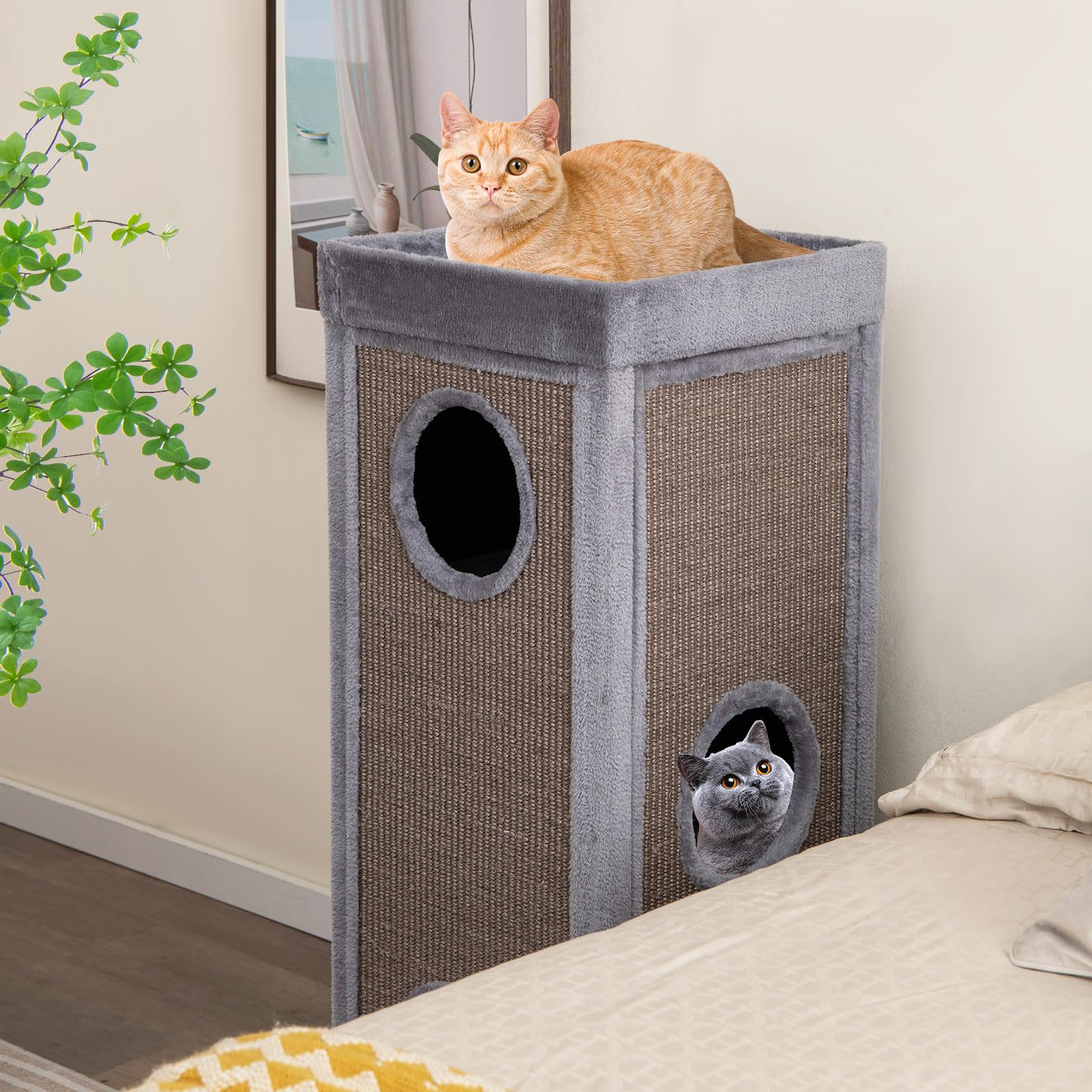 COSTWAY Maison pour Chat à 4 Étages, Tonneau Griffoir Chat, 3 Condos, 2 Planches à Griffer en Sisal, Plateformes, Tour pour Chaton, 4 Coussins Amovible, Peluche Douce, 40 × 40 × 99 cm