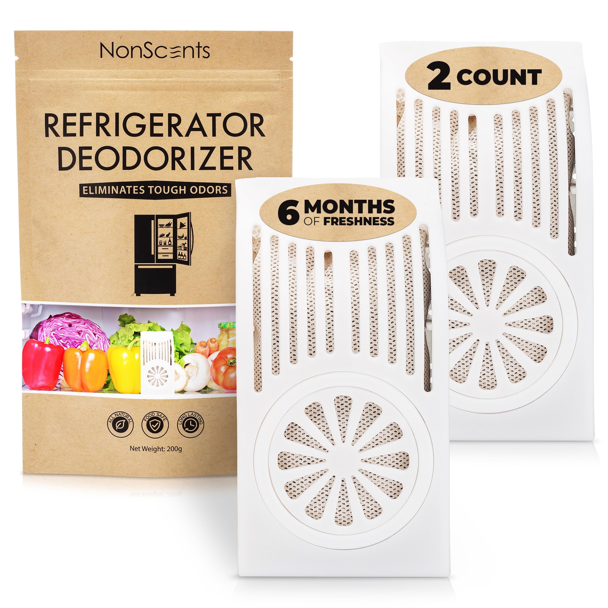 NonScents Refrigerator Deodorizer - Odor Eliminator for Fridge & Freezer - Outshines Baking Soda - Fragrance Free Air Purifier - Unscented & Long-Lasting, Freshen Your Refrigerator & Cooler (2-Pack)