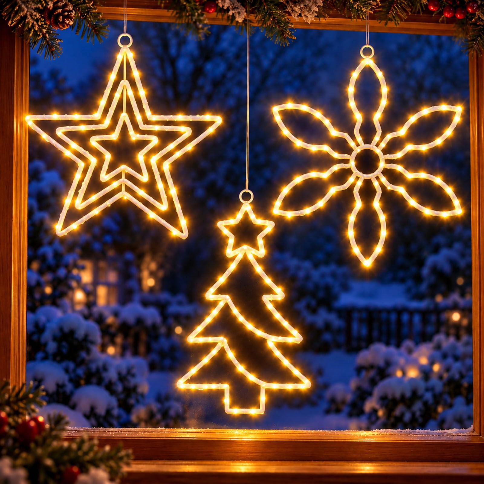 yowin Weihnachtsstern Beleuchtet 3 Stück LED Weihnachtsdeko Batterie | Stern/Weihnachtsbaum/Schneeflocke Fensterbeleuchtung mit Batterie, Timer, Wasserdicht Aufhängen Fenster Beleuchtet für Deko
