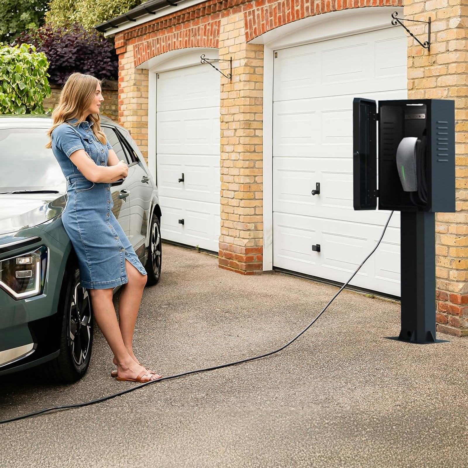 Ładowarka EV – blokada stacji ładującej, konstrukcja montażu słupkowego, organizer na kable do uniwersalnego ładowania pojazdów elektrycznych