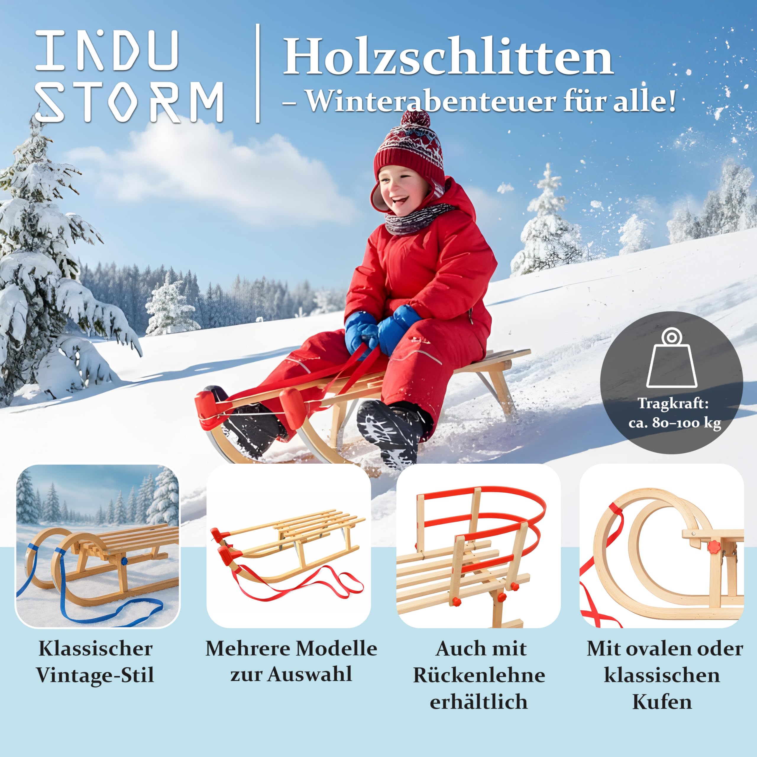 Holzschlitten, Schlitten aus Buchenholz für Kinder & Erwachsene, Kinderschlitten, Metallverstärkungen, Vintage Hörnerschlitten & Weihnachtsschlitten