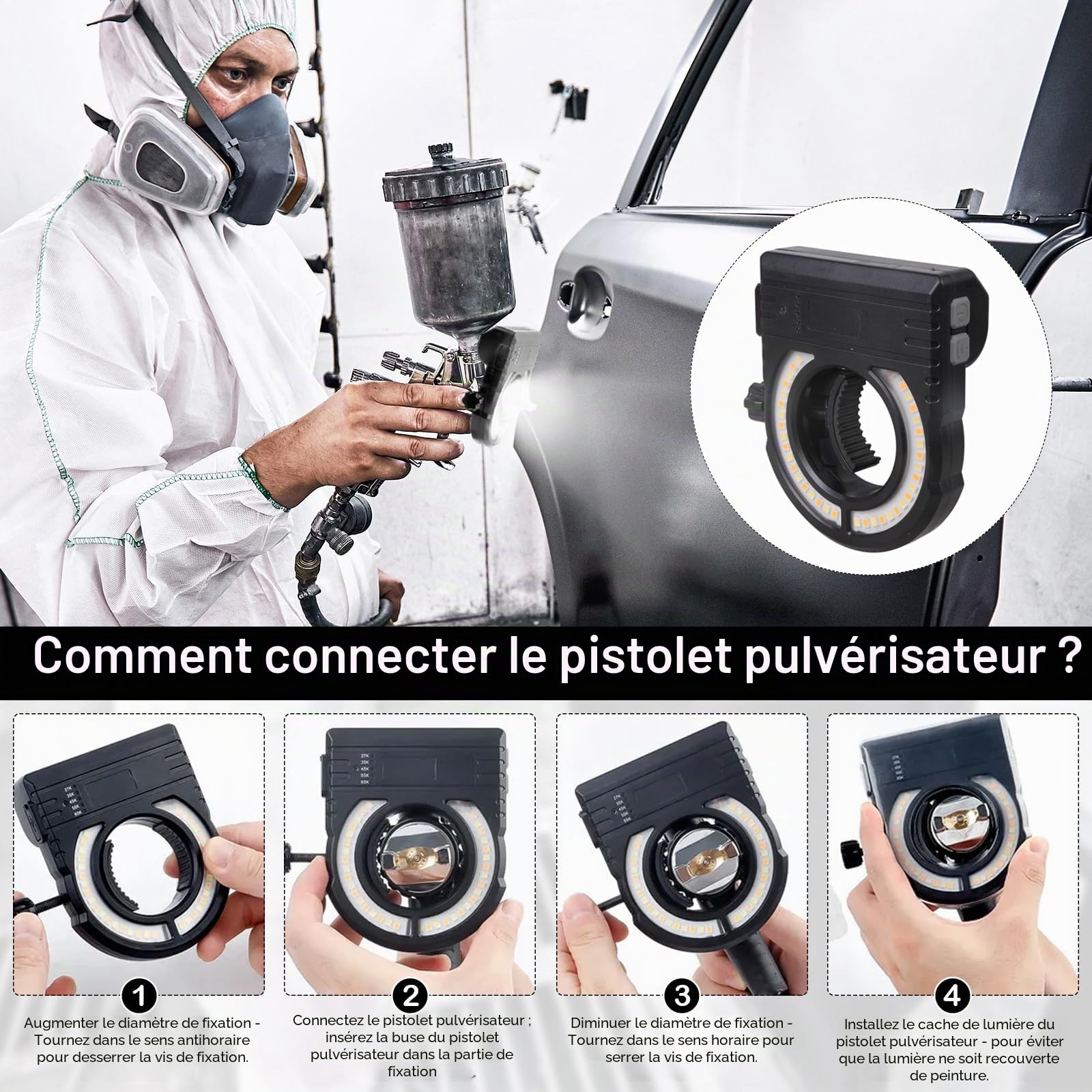 Lampe Led pour Pistolet à Peinture Automobile, 5 Niveaux de Température de Couleur (2700K-6500K) et 500/250 Lumens, Éclairage LED pour Pistolet à Peinture pour Décoration de Voiture et Maison