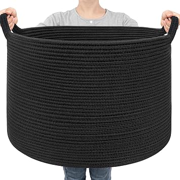 Goodpick Large Blanket Basket, 22"X 14" Woven Rope Baby Basket, Black Blanket Storage for Dirty Clothes, Kids Toy Storage Organizer Bins for Living Room