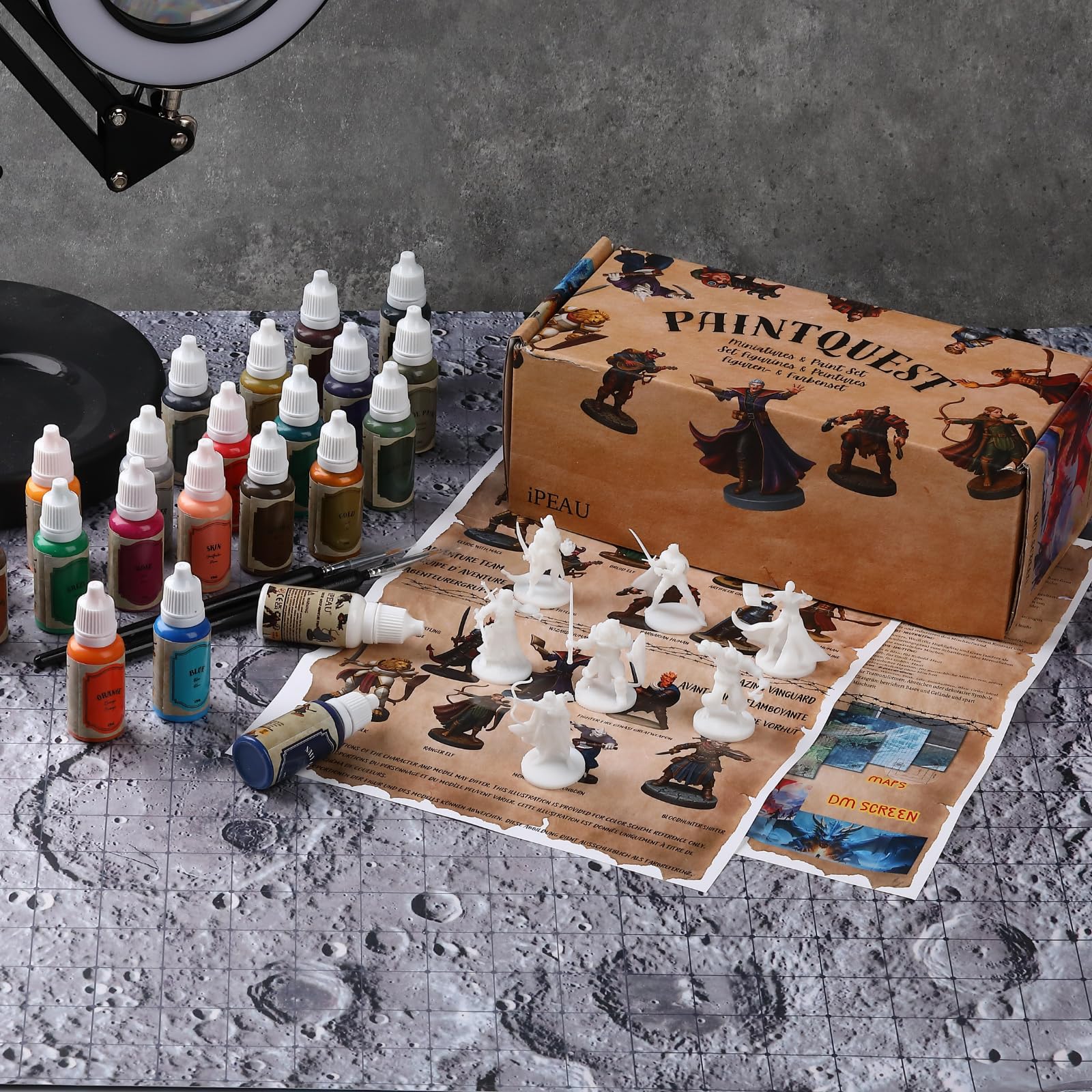 Kit Pintura Miniaturas DND-Set Inicio 22 Pinturas Agua Principiantes Incl Oro/Plata Metálicos Sombras y Primer Figuras DND War Hammer40K Regalo Ideal 7 Figuras Aventuras TTRPG