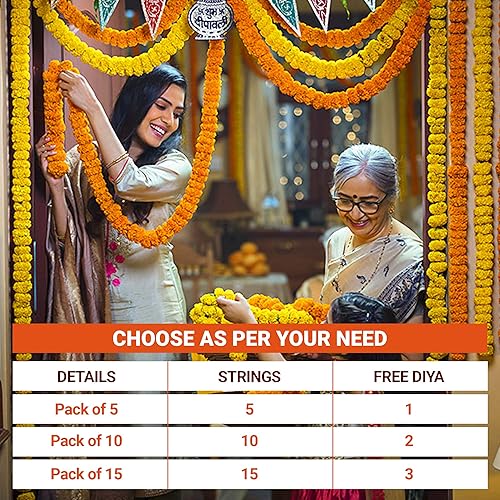 Miniatura 6 de Guirnalda de caléndula para decoración, 5 piezas de 5 pies de largo, flores artificiales de caléndula de caléndula, decoración india para Pooja,