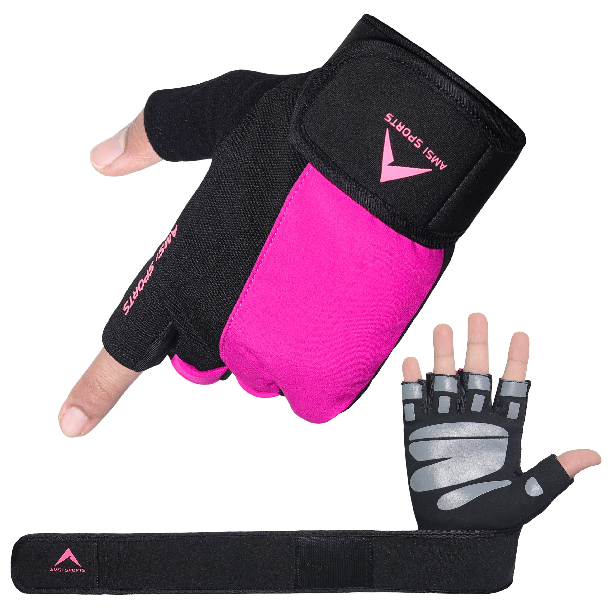 AMSI SPOTRS Weight Lifting Gloves with Wrist Wrap Support Padded Palm Protection Exercise Gym Workout Gloves Men & Women Training Fitness Weightlifting Rowing Bodybuilding (Pink, S)