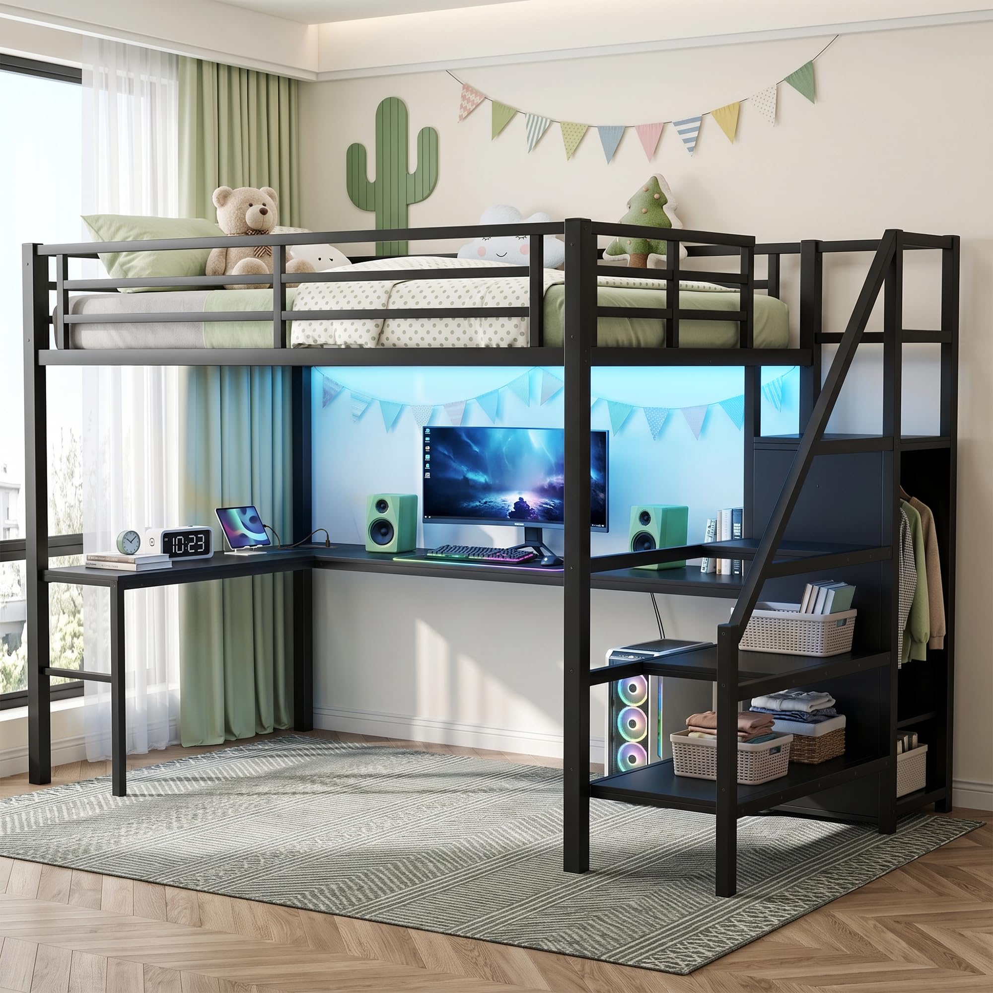 MAKIAAP Loft Bed Full Size with L-Shaped Desk