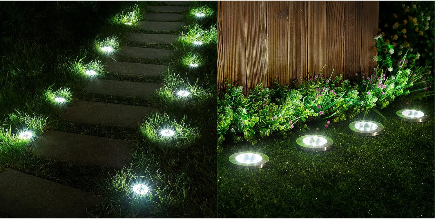 SOLPEX 24 Pack Solar Ground Lights, 8 LED Solar Powered Disk Lights Outdoor Waterproof Garden Landscape Lighting for Yard Deck Lawn Patio Pathway Walkway (White)