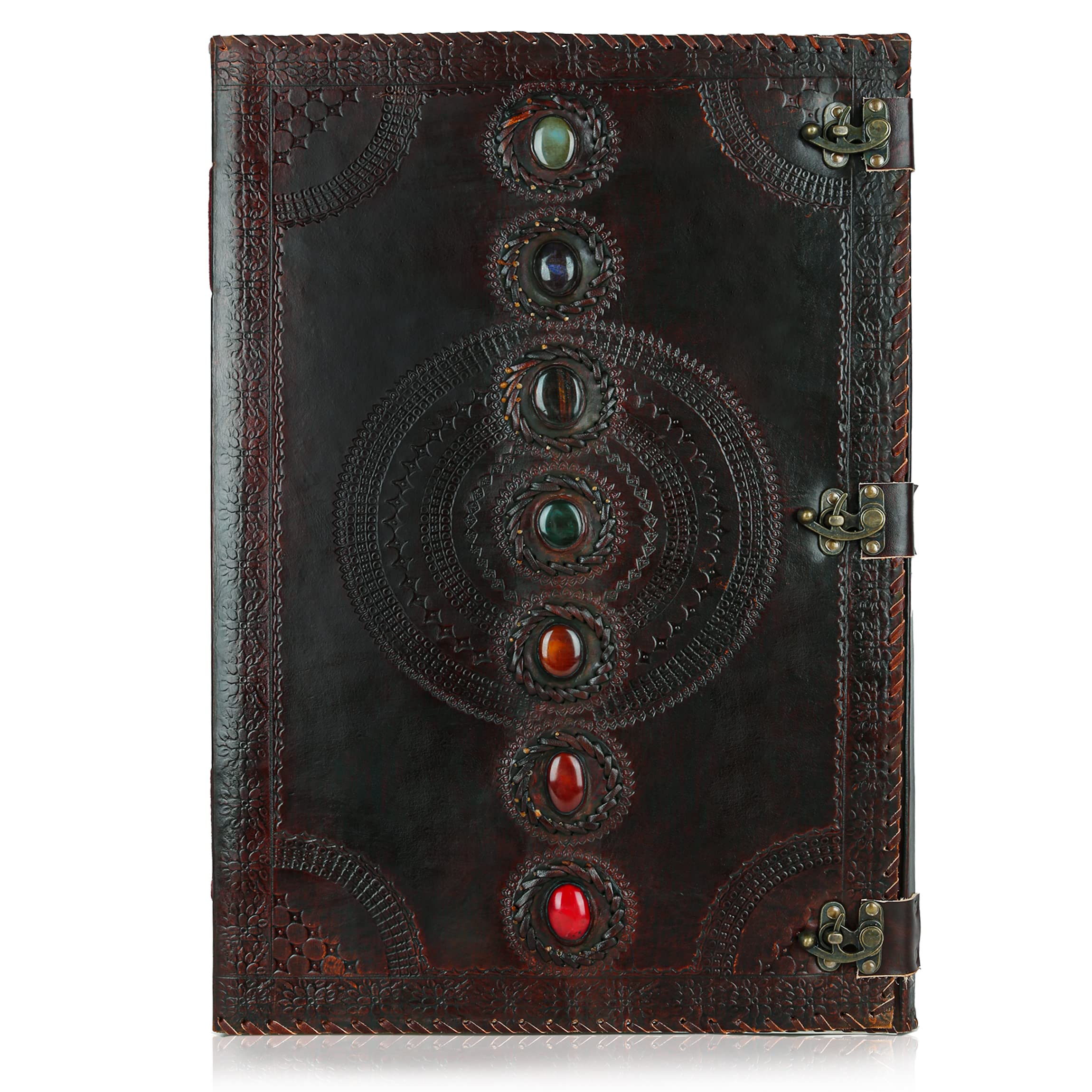 SKYLAND Seven Chakra Medieval Stone Embossed Handmade Leather Journal Book of Shadows Notebook Office Diary College Book Poetry Book Sketch Book 14 x