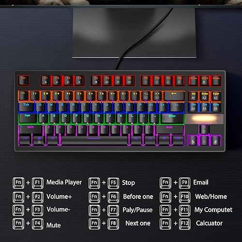 Miniatura 7 de Anivia - Teclado mecánico para juegos, clásico teclado USB con cable con interruptores azules, teclado impermeable de 87 teclas para PC, portátil,