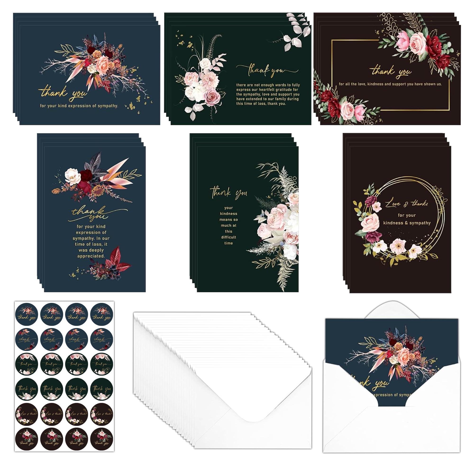 Funeral Thank You Cards Envelopes - 24 Pcs Watercolor Flowers Sympathy Bereavement Thank You Card with Envelopes Stickers Memory Cards for Funeral Family Friends Loved Ones Supplies