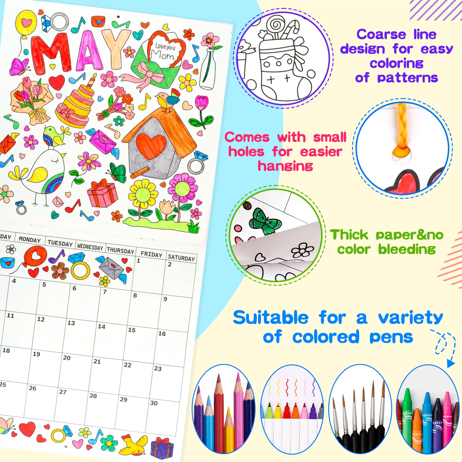 Calendrier Aquarelle 2026 à Colorier – Planificateur Mensuel Animaux – DIY Artistique – Cadeau Décoration Maison/bureau
