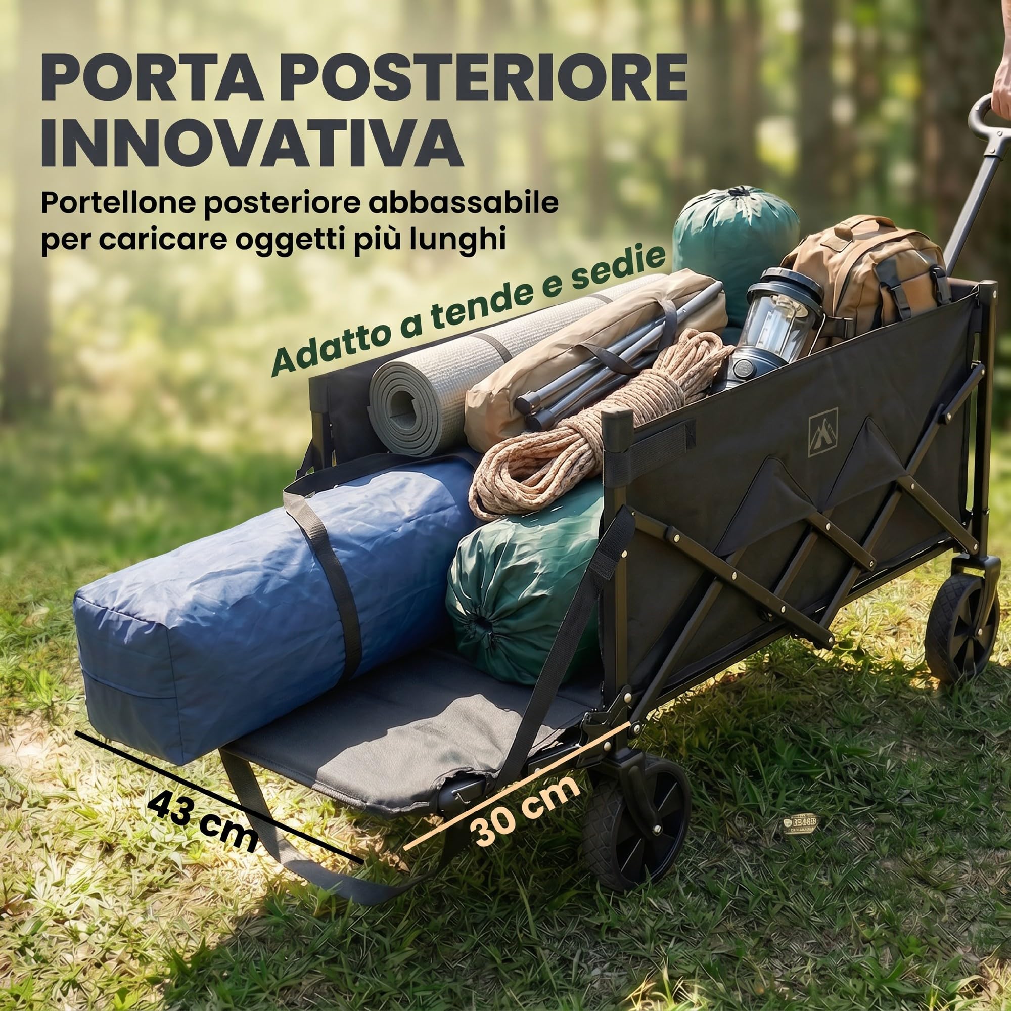 Outsunny Carrello da Giardino Pieghevole 60L, Carrello da Campeggio Portatile con Porta Frontale Apribile, Manico Regolabile e Supporto per Bicchieri, Ideale per Picnic, Pesca e Giardino, Nero