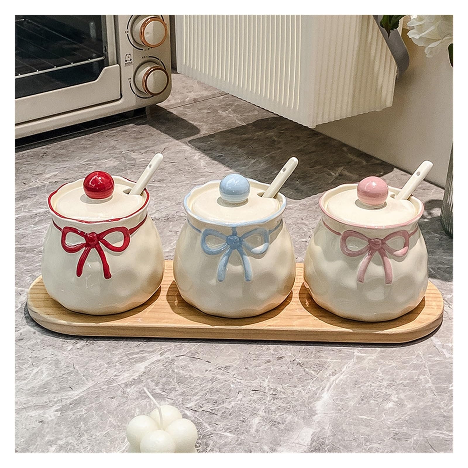 Tarro de ceramica con lazo para sal y especias | Para condimentos solidos, recipiente de cocina, 30*12*15cm, 900g(Pink Blue Red)