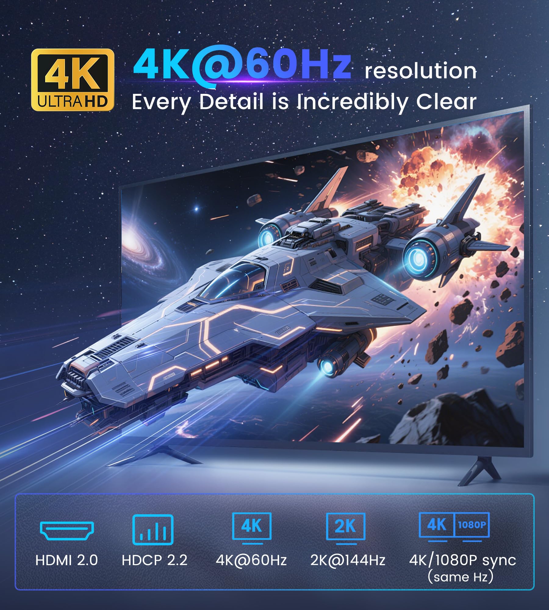 Répartiteur HDMI 4K @ 60 Hz 1 en 2 sorties avec câble HDMI de 4 m, répartiteur audio HDMI pour TV et barre de son avec scaler, prend en charge les deux écrans 4K et 1080p, 2K @ 144 Hz Dobly Vision